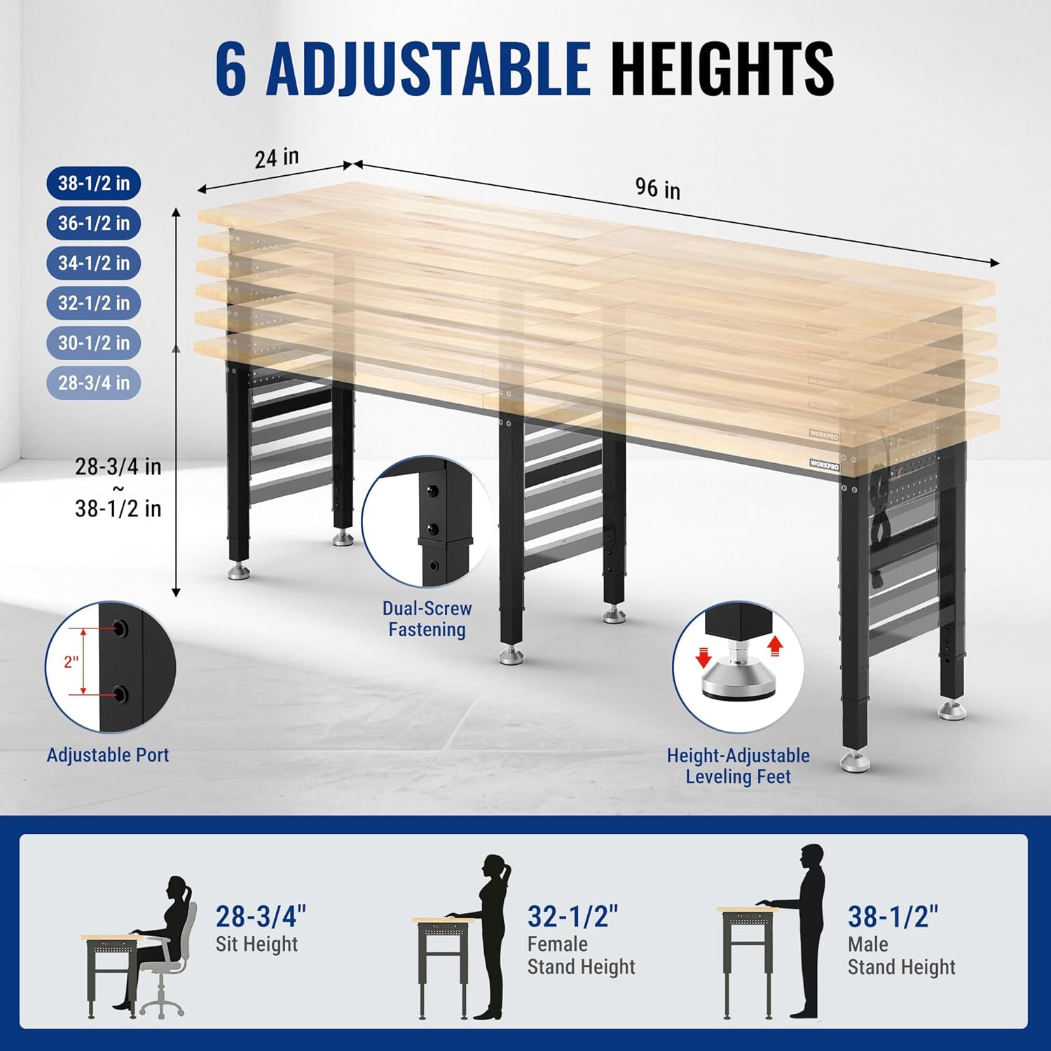 WORKPRO 96x24" Heavy-Duty Adjustable Workbench, 4000LBS Load Capacity Work Table with Power Outlet & Pegboard, Rubber Wood Top Workstation with Leveling Foot for Garage, Workshop