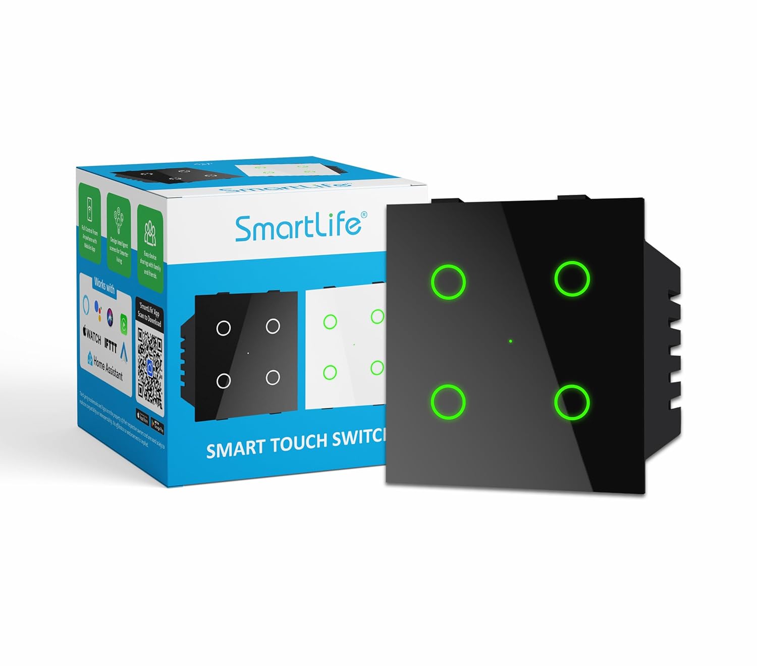 SmartLife Modular 4 Gang Touch Smart Switch (Black) | WiFi + BLE | Premium Glass Finish | Compatible with Alexa, Google Assistant, HA, IFTTT & SmartLife App | Fits Roma & Similar Plates