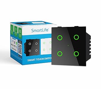 SmartLife Modular 4 Gang Touch Smart Switch (Black) | WiFi + BLE | Premium Glass Finish | Compatible with Alexa, Google Assistant, HA, IFTTT & SmartLife App | Fits Roma & Similar Plates