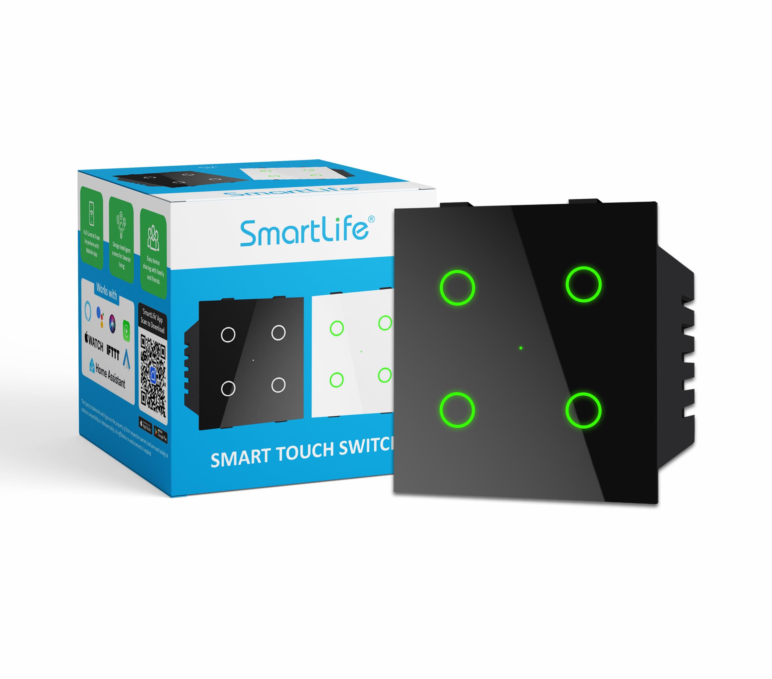 SmartLife Modular 4 Gang Touch Smart Switch (Black) | WiFi + BLE | Premium Glass Finish | Works with Alexa, Google Assistant, HA, IFTTT & SmartLife App | Fits Roma & Similar Plates