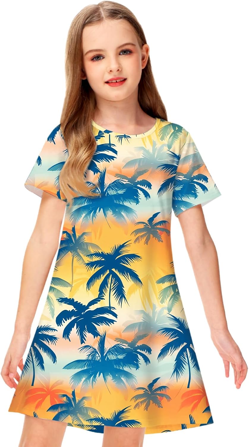Deerose Kids Summer Short Sleeve Dresses Hawaiian Tshirt Sundress 3-14 Years