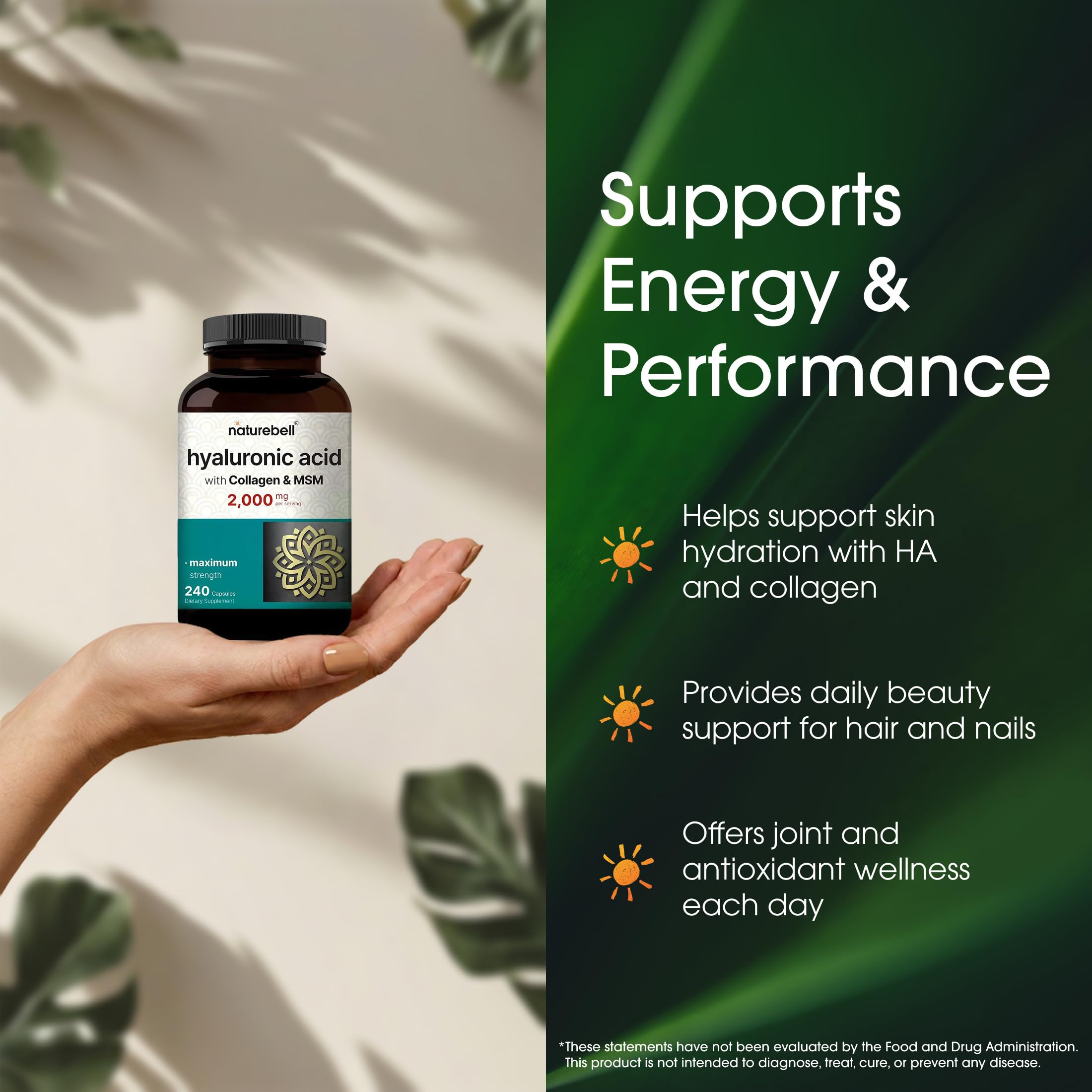 NatureBell Hyaluronic Acid 2,000mg with Collagen & MSM - 240 Capsules - Skin Hydration, Hair, Nail & Joint Support - Water Soluble Formula for Easy Absorption* - Non-GMO & Gluten-Free — Amazon image 4