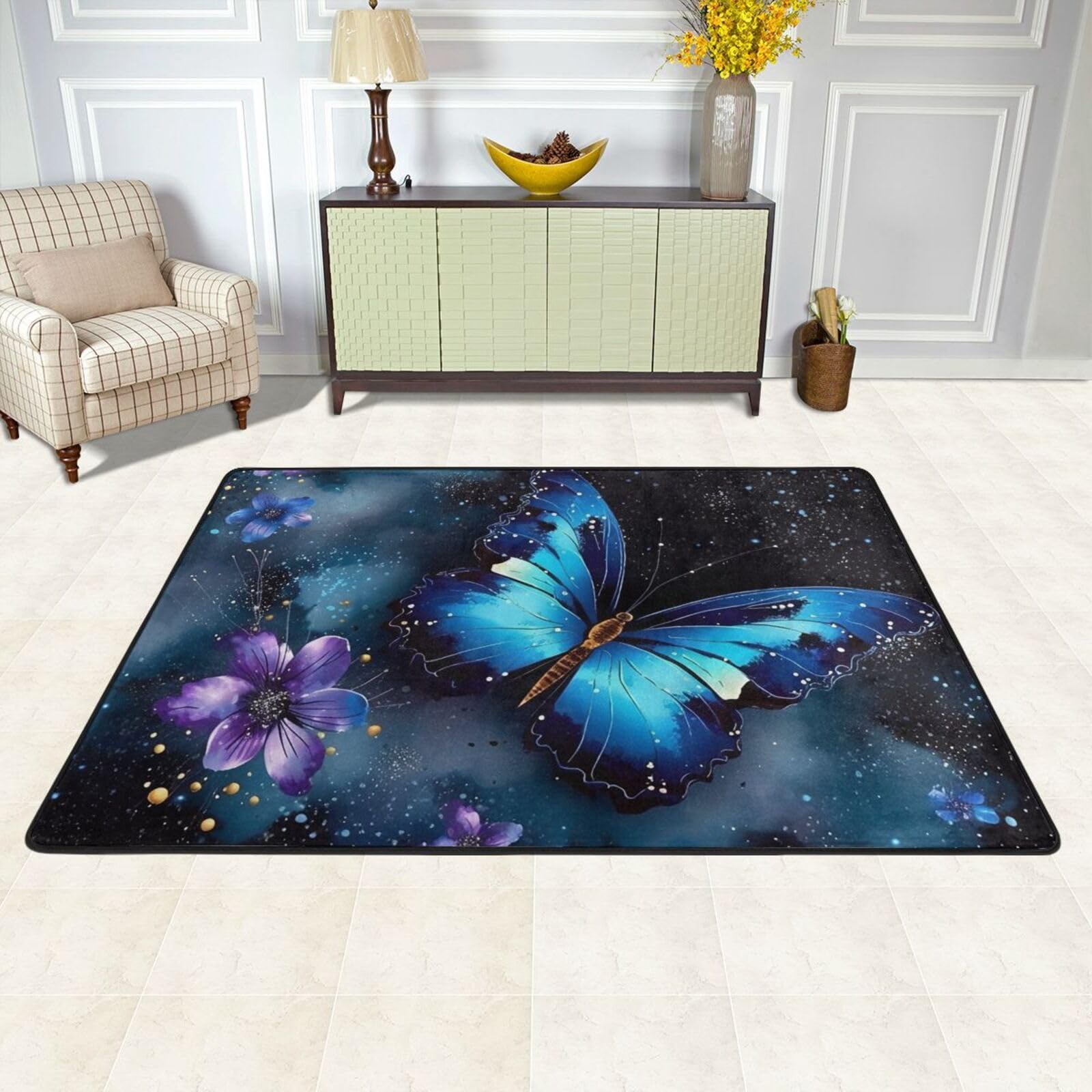 Tapis de sol lavable doux motif galaxie bleu pour décoration d'intérieur