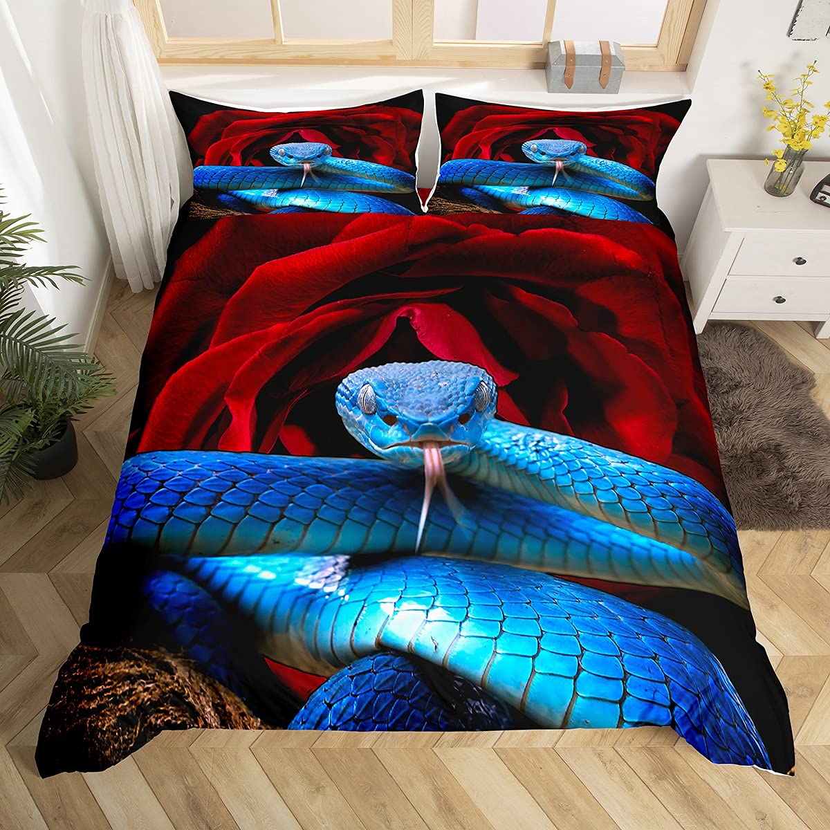 Loussiesd Blue Snake Duvet Cover, 3D Red Rose Bedding Set Wildlife Python Bedding &Linen for Youth Boys Man, Animal Theme Comforter Cover Dorm Room Double Quilt Cover Decoration, Soft Fashion — image 1