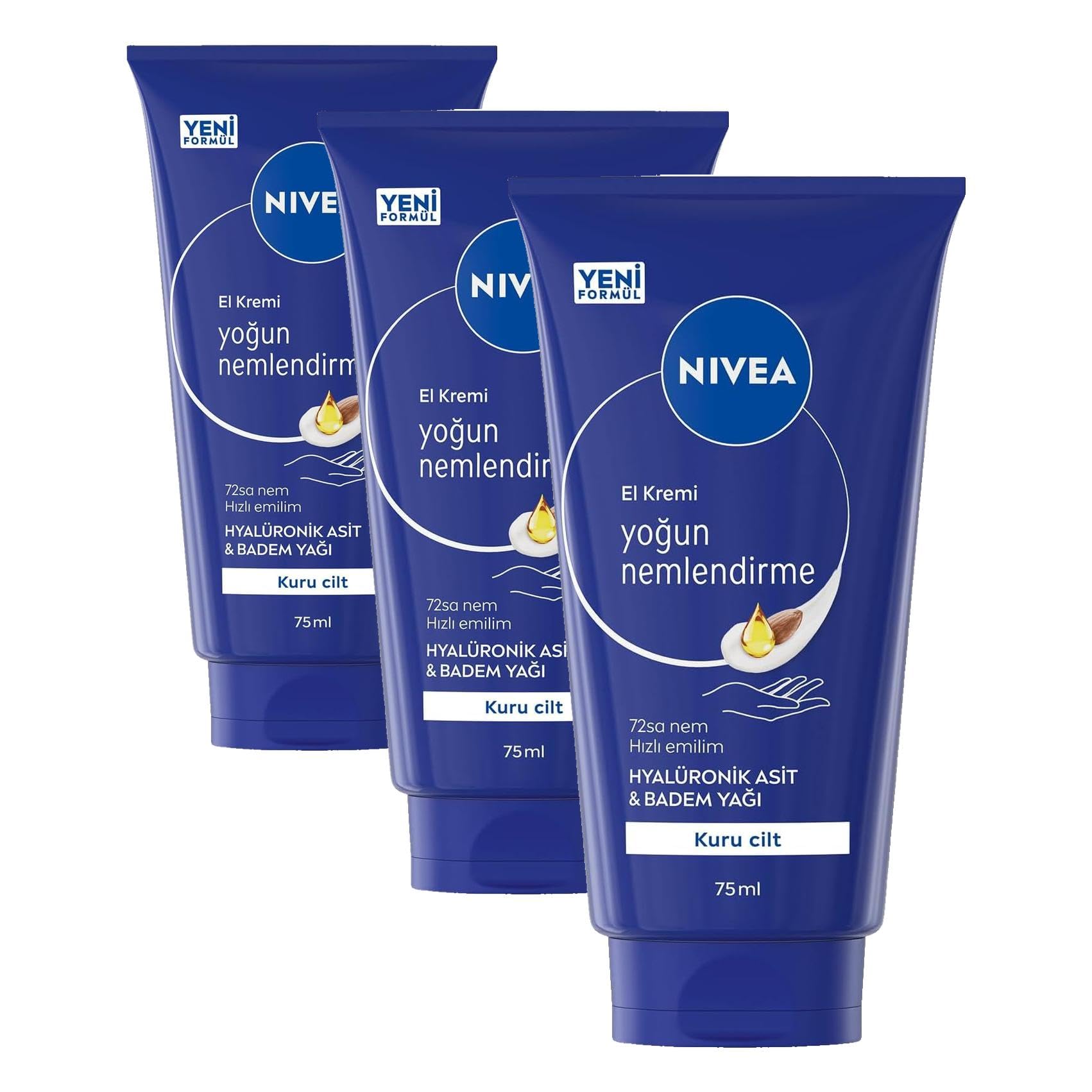 NIVEA Yoğun Nemlendirici El Kremi 75ml, Doğal Badem Yağı ve Shea Yağı Özleri, 24 Saat Besleyici Bakım, Yoğun Nemlendirme, Kuru Ciltler İçin (3 paketi)