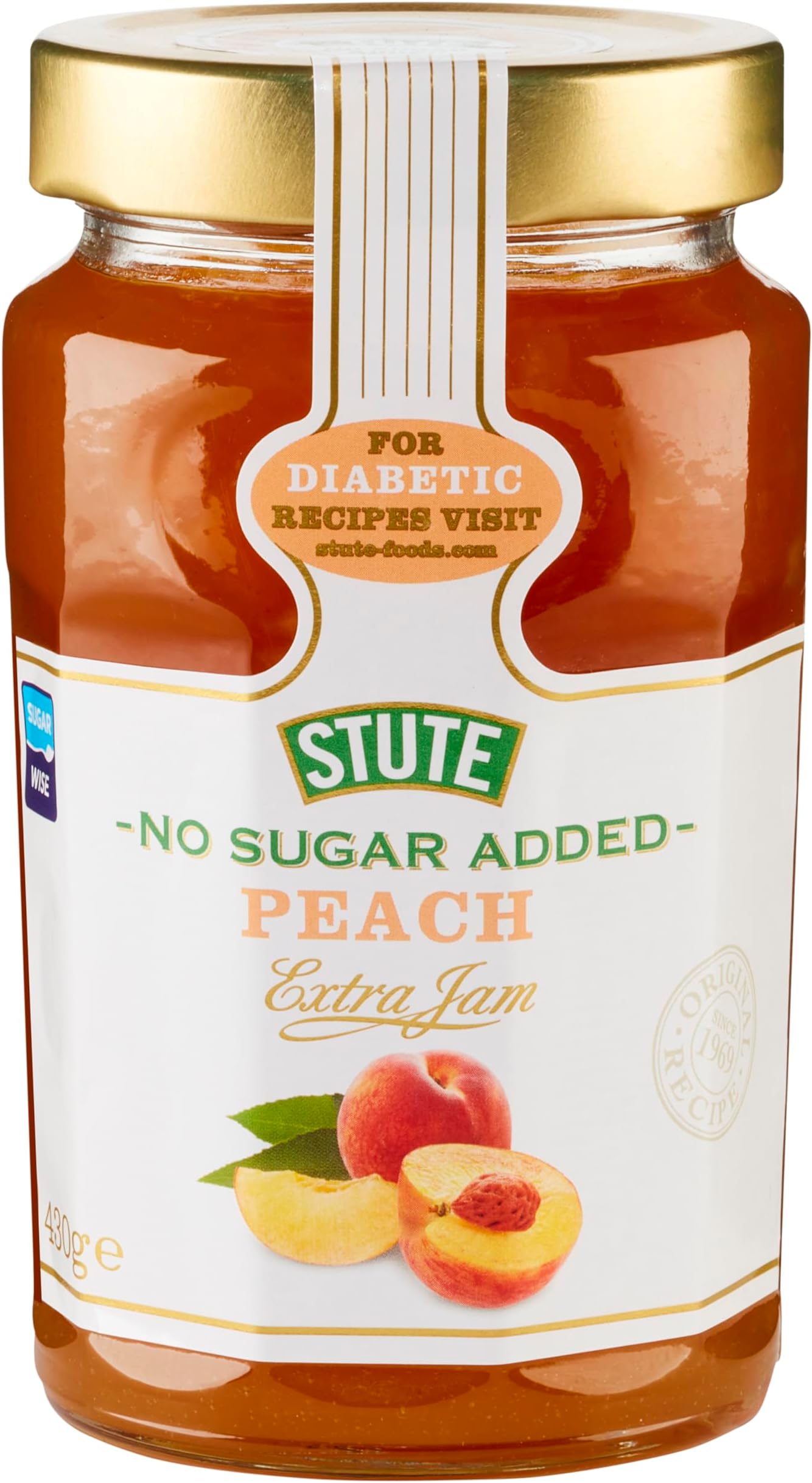 No Sugar Added Diabetic Peach Extra Jam, 15.17 oz ℮ 430 g مربى الخوخ الإضافي الخالي من السكر لمرضى السكر