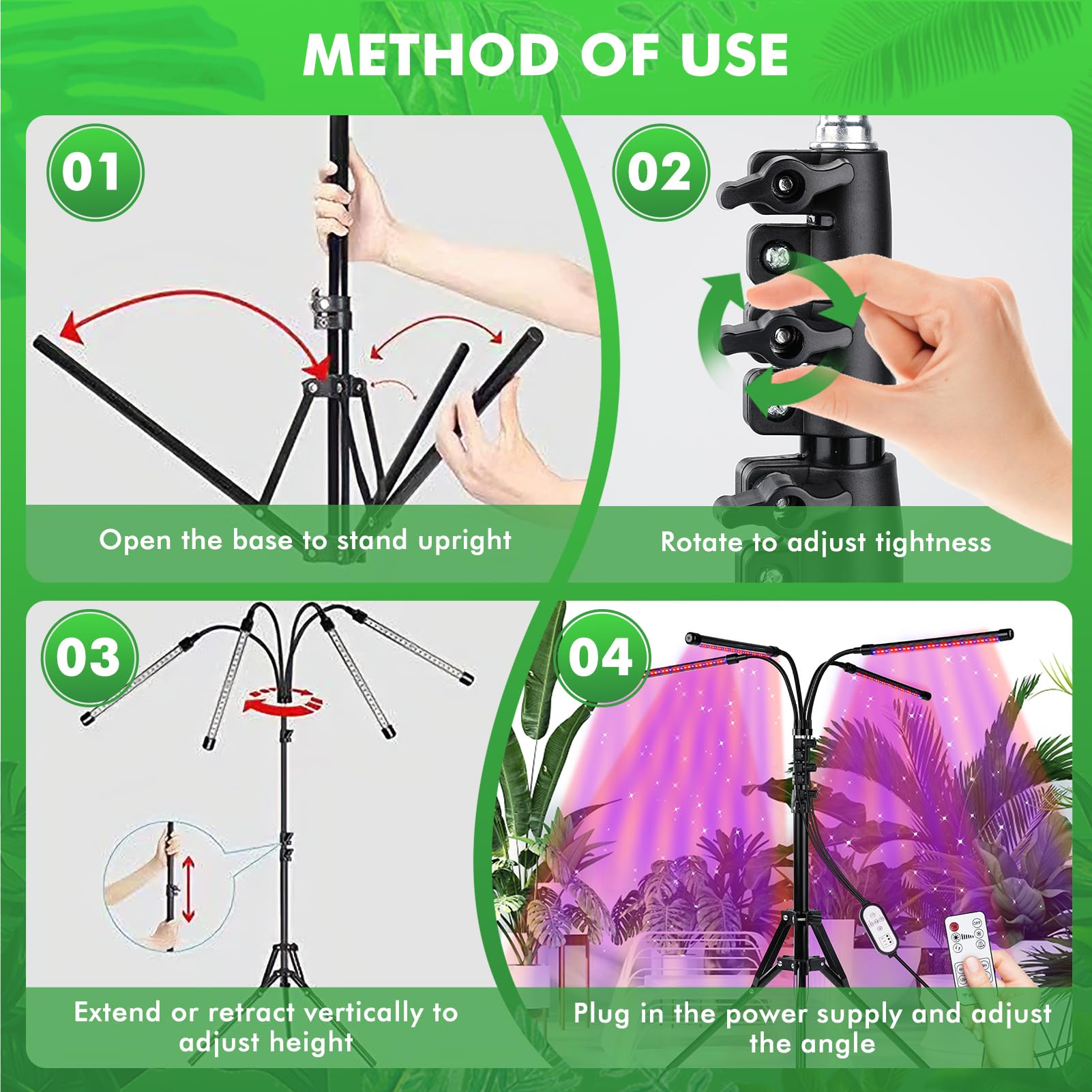 Nikou Lampe de Plante, 80 LEDs Lampe de Croissance Horticole pour Plantes avec Trépied Réglable, 4 Têtes pour Plantes d'Intérieur, avec 10 Niveaux Dimmables 3 Modes de Minuterie