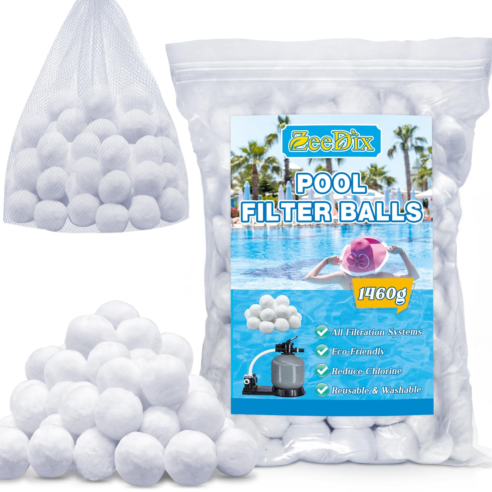 ZeeDix 1460g Pool Filter Balls for Sand Filter Pump, New Upgrade Efficient Swimming Pool Filter Sand Alternative (Equals 45kg Pool Filter Sand), Reusable Eco-Friendly Fiber Filter Media Balls