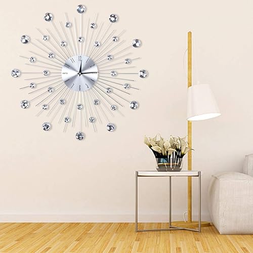 Miniatura 7 de Reloj de pared de metal plateado, reloj de pared moderno con diamantes de cristal, esfera artística, reloj de pared silencioso de cristal 3D para