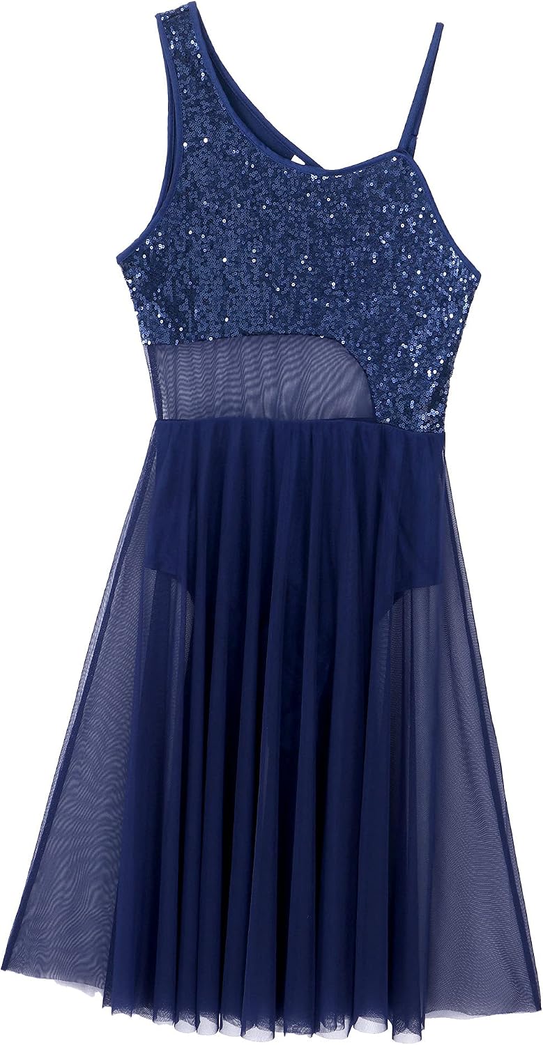 Hularka Womens Shiny Sequin Mesh Patchwork Dance Dress Sleeveless Split Dresses Skirted Leotard
