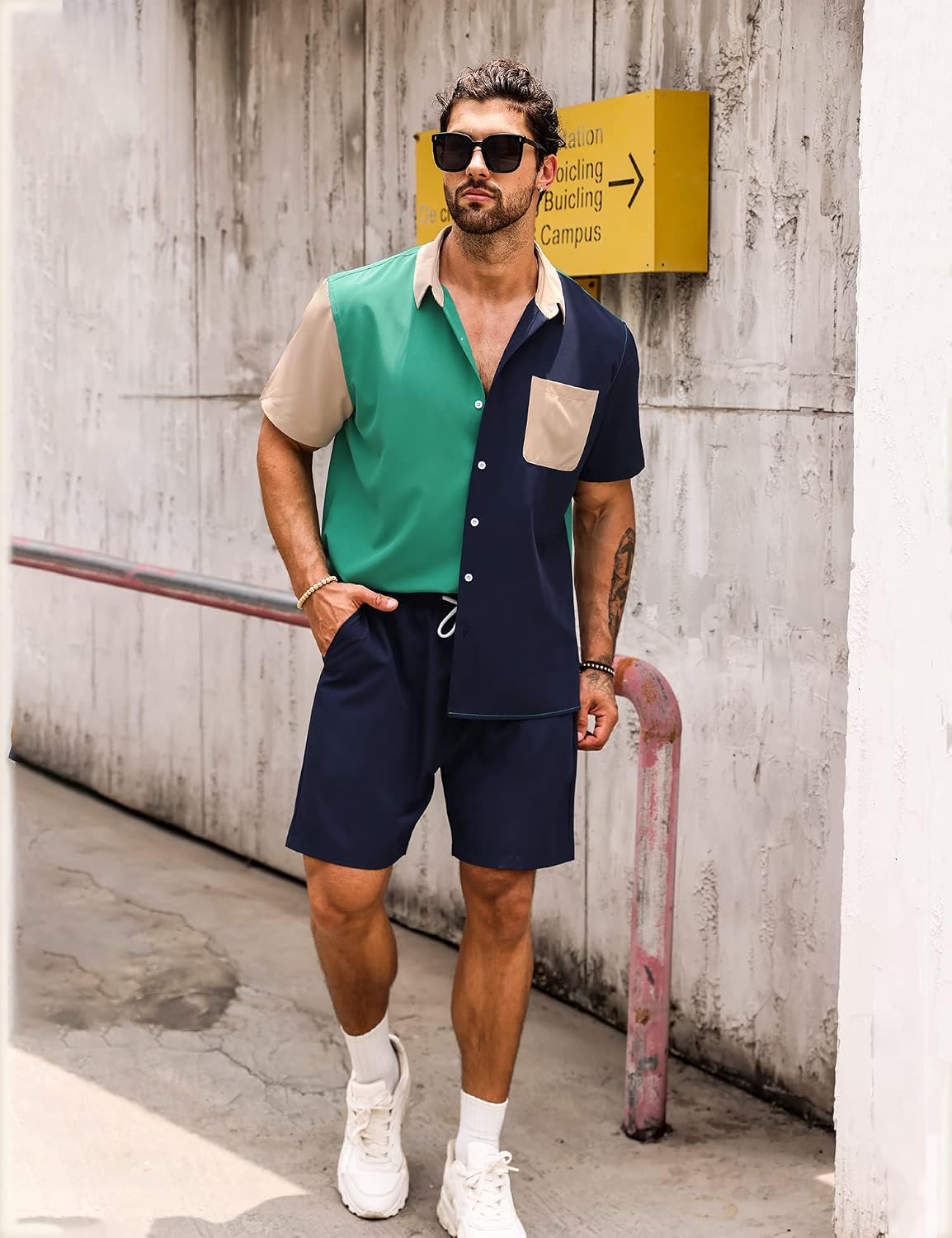 LecGee Men Summer Casual Short Sets Contrast Short Sleeve Button Down Shirt and Shorts Set 2 Piece Outfits Tracksuit