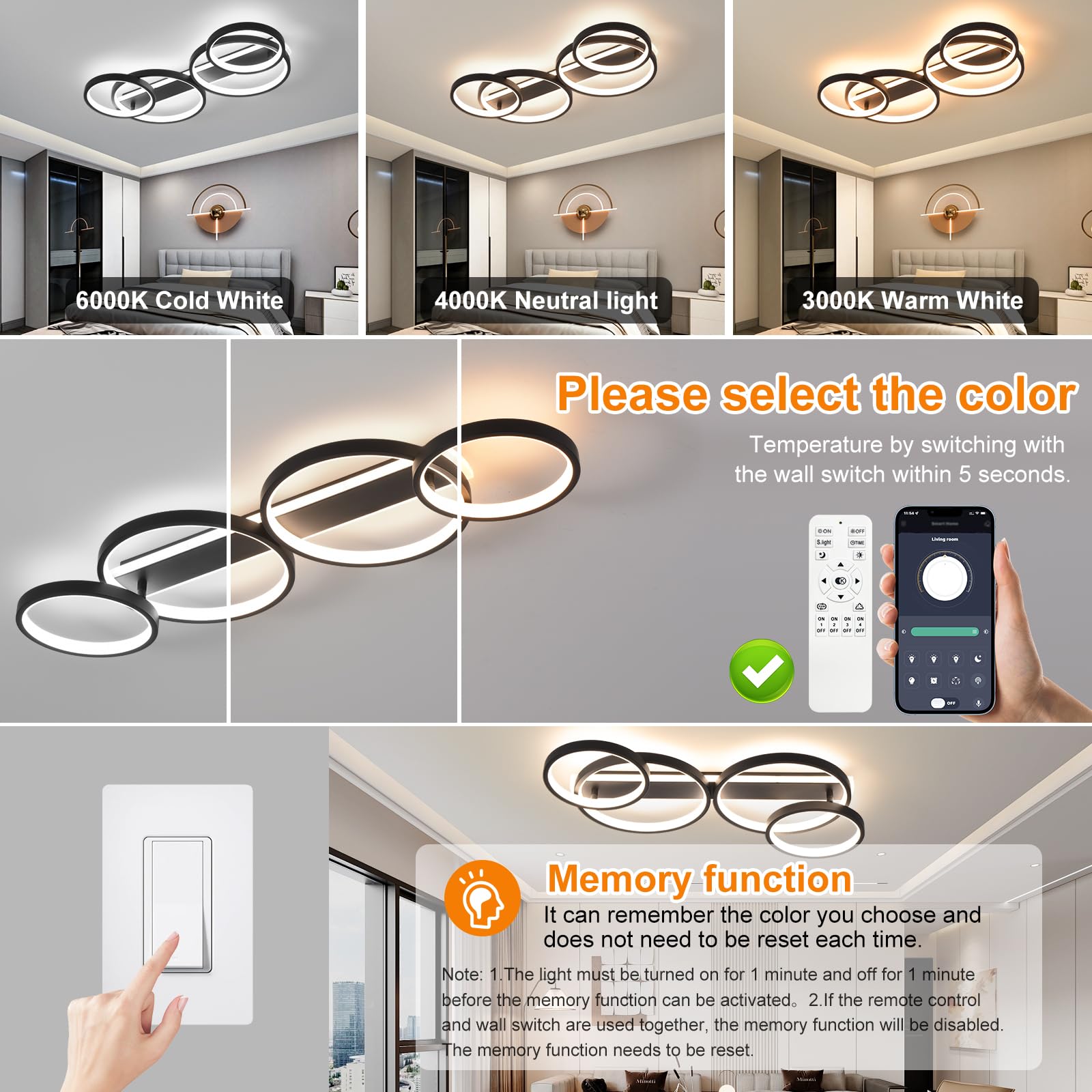 LED Plafonnier,Moderne Lampe de plafond 48W 3000K-6500K,4 anneaux ronde design Chambre Eclairage,Luminaire interieur deco avec Telecommande APP Dimmable,Lampe Lustre pour salon bureau cuisine couloir