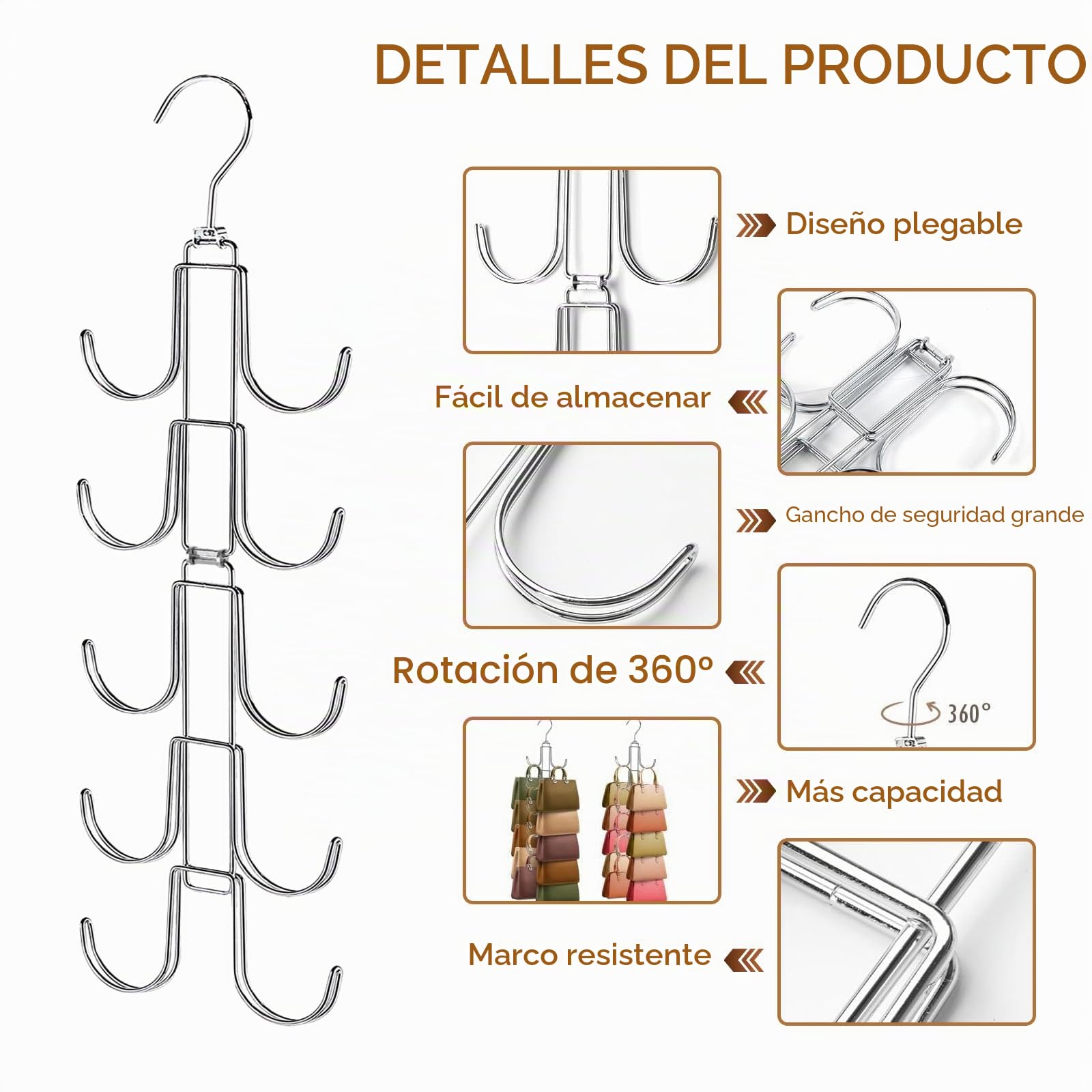 Organizador de bolsos para armario, colgador de bolsos mejorado con 10 ganchos grandes, rotación de 360 grados para una mejor organización y presentación