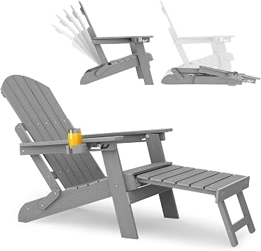 YEFU Adjustable Adirondack Chair with Footrest,All-Weather, Grey | 5-Level Adjustable Backrest, Folding Fire Pit Chairs, Retractable Ottoman & Cup Holder, Outdoor Plastic Chair for Patio/Deck