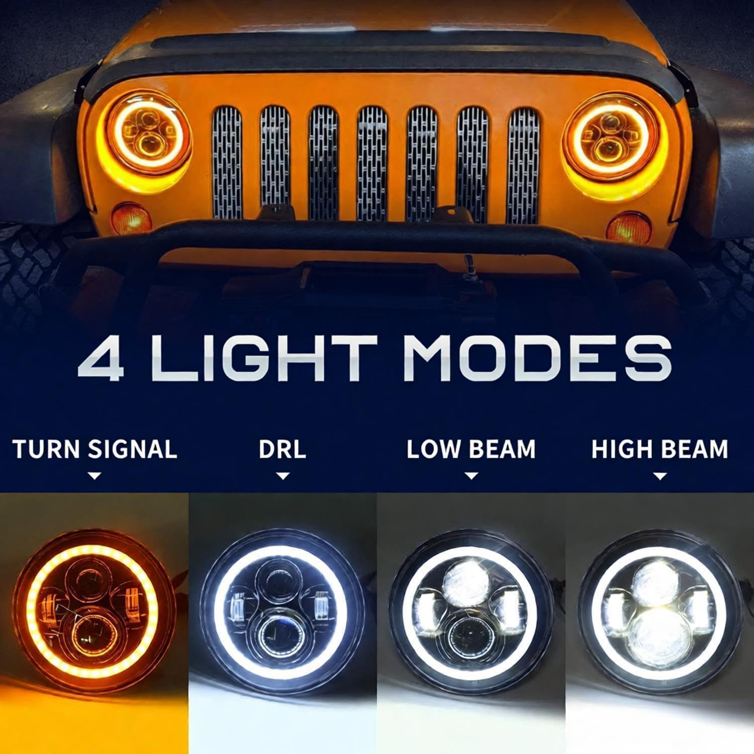7-inch H6024 LED Headlights + 4-inch Fog Lights for Jeep Wrangler JK Unlimited JKU Accessories 2007-2018 [HALO DRL][Amber Turn Signals] [High/Low Sealed Beam]