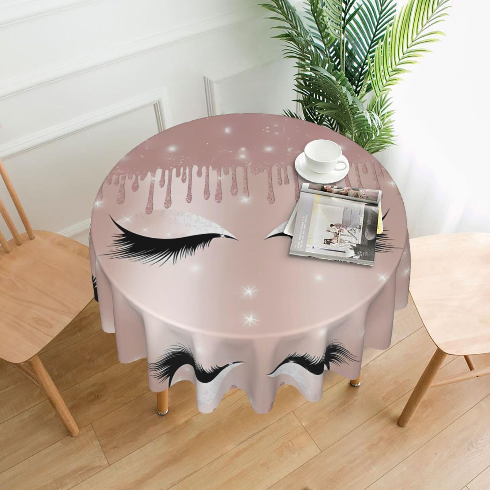 ZHAOUR Rose Gold Eyelashes Print Round Washable Tablecloth – Table Cover