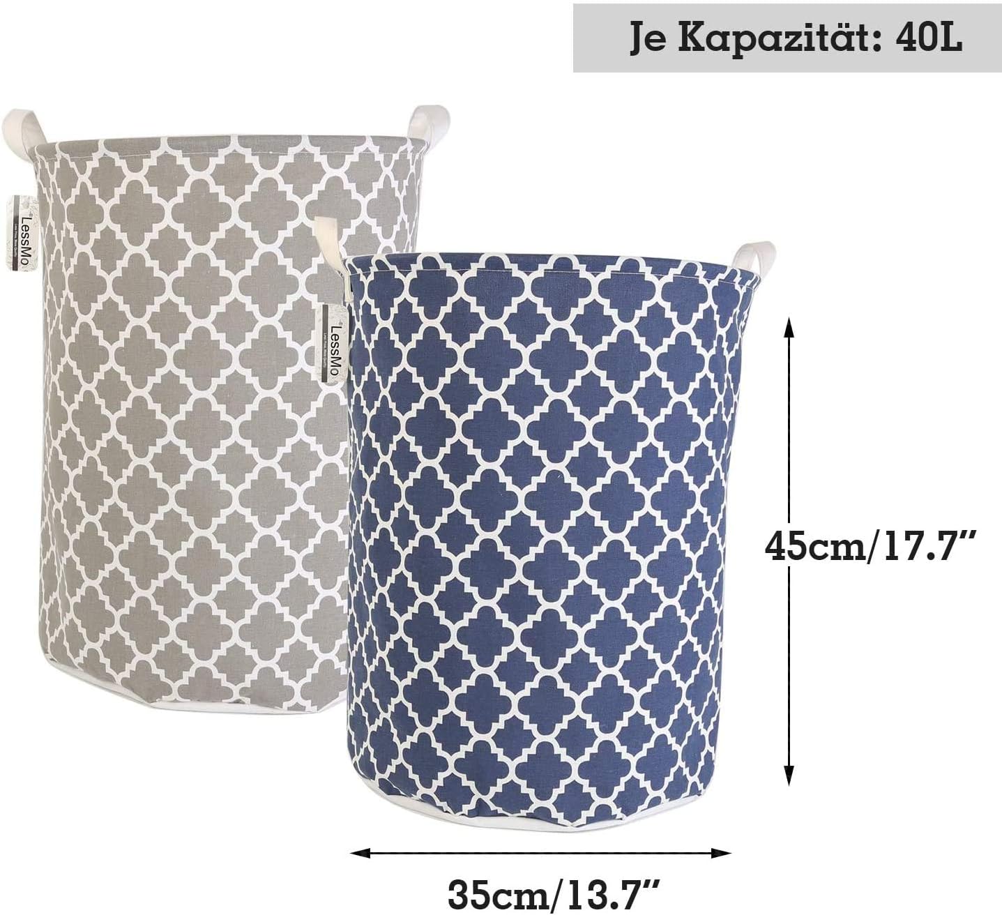 LessMo 2Pcs 17.7" Laundry Hamper, Collapsible Laundry Basket with Easy Carry Handles, Waterproof Round Cotton Linen, for Baby, Toys, Nursery, Bedroom Storage Hamper