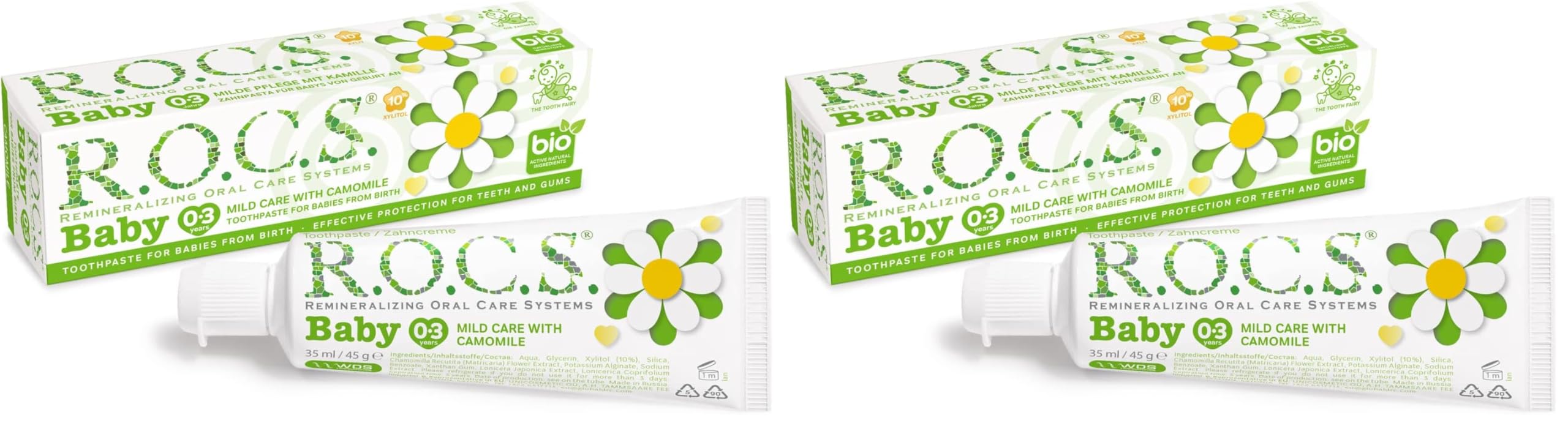 R.O.C.S. Baby 0-3 Yaş Papatya Özlü Florürsüz Bebek Diş Macunu (1 x 45 g) (2 paketi)