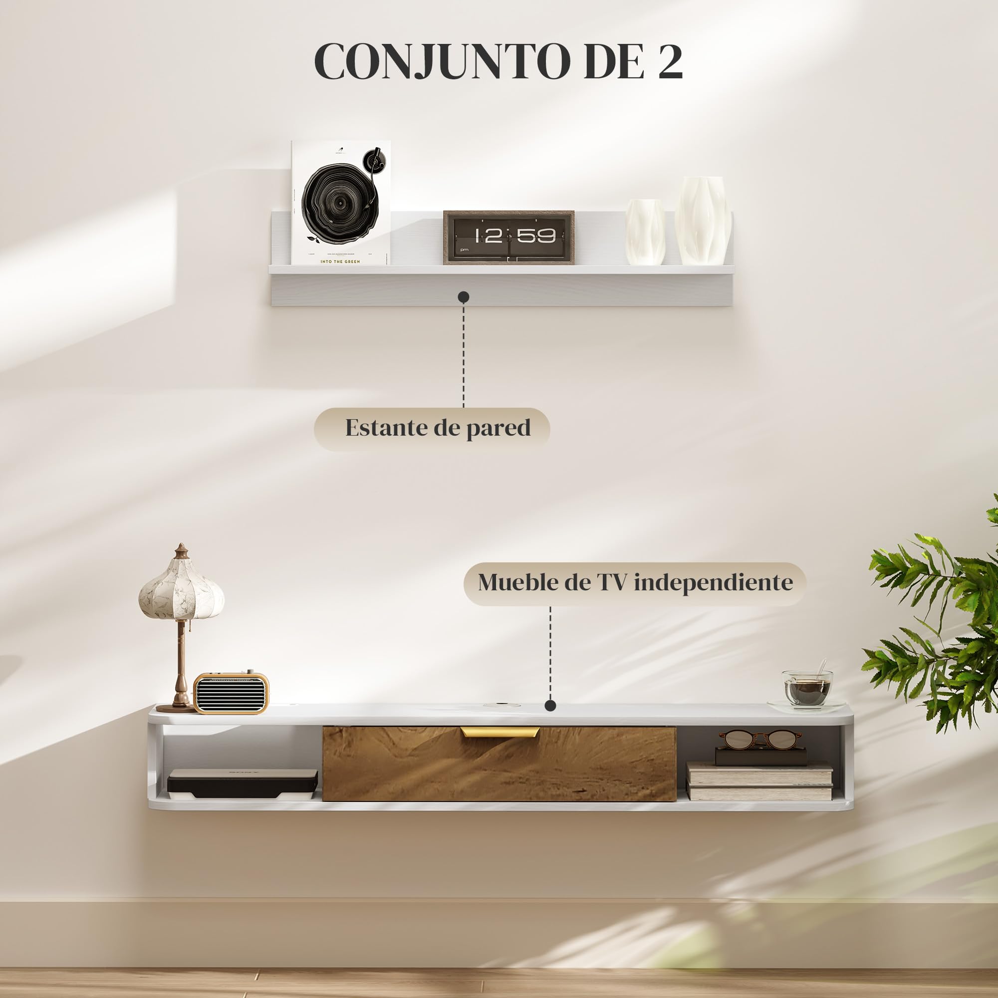 HOMCOM Conjunto de Muebles de Salón, Muebles de TV con Estante de Pared, Puerta, Estantes Abiertos, Orificios para Cables, para Televisión de Pared, 120x24x16 cm, Blanco