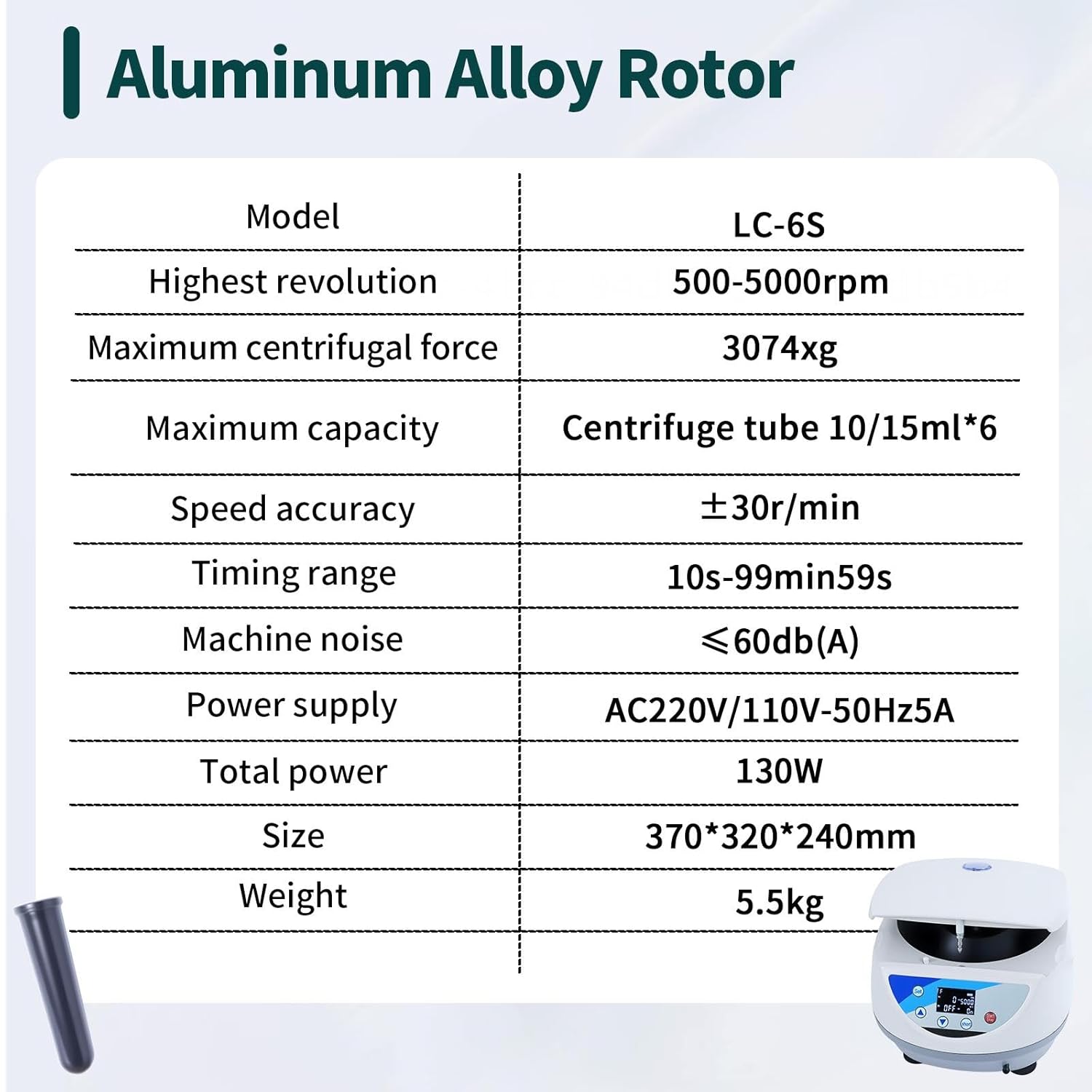 5000rpm Max RCF 3074xg Lab Benchtop Centrifuge, a Secure Lid-Lock 110-220V Electric Desktop Centrifuge with 6x15ml Tubes, 10sec-99min59sec Timer for Biological Labs & Liquid Separation