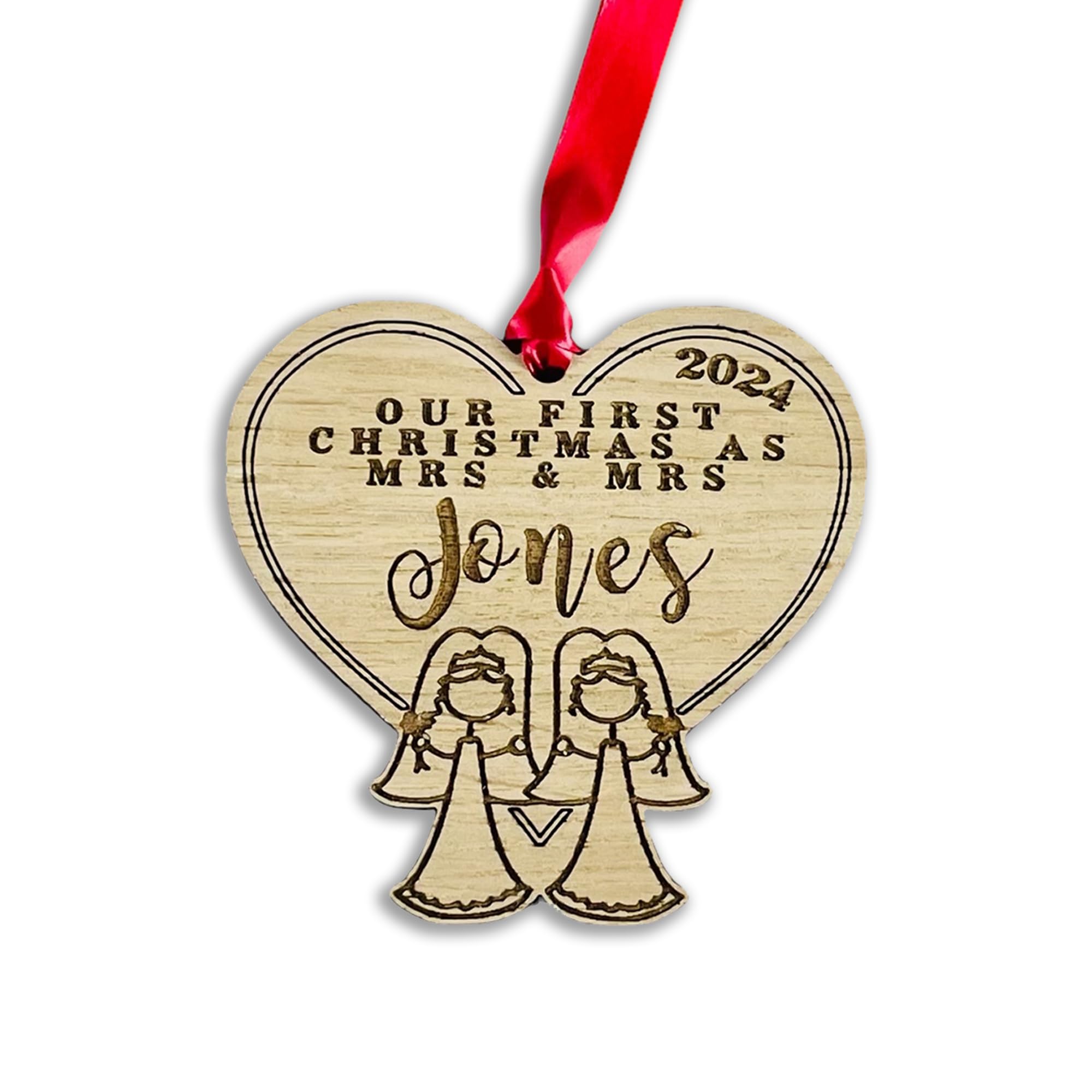 Personalised Wooden Couple First Christmas as Mrs & Mrs - Cute Wedding Present for Lesbian LGBT Brides!