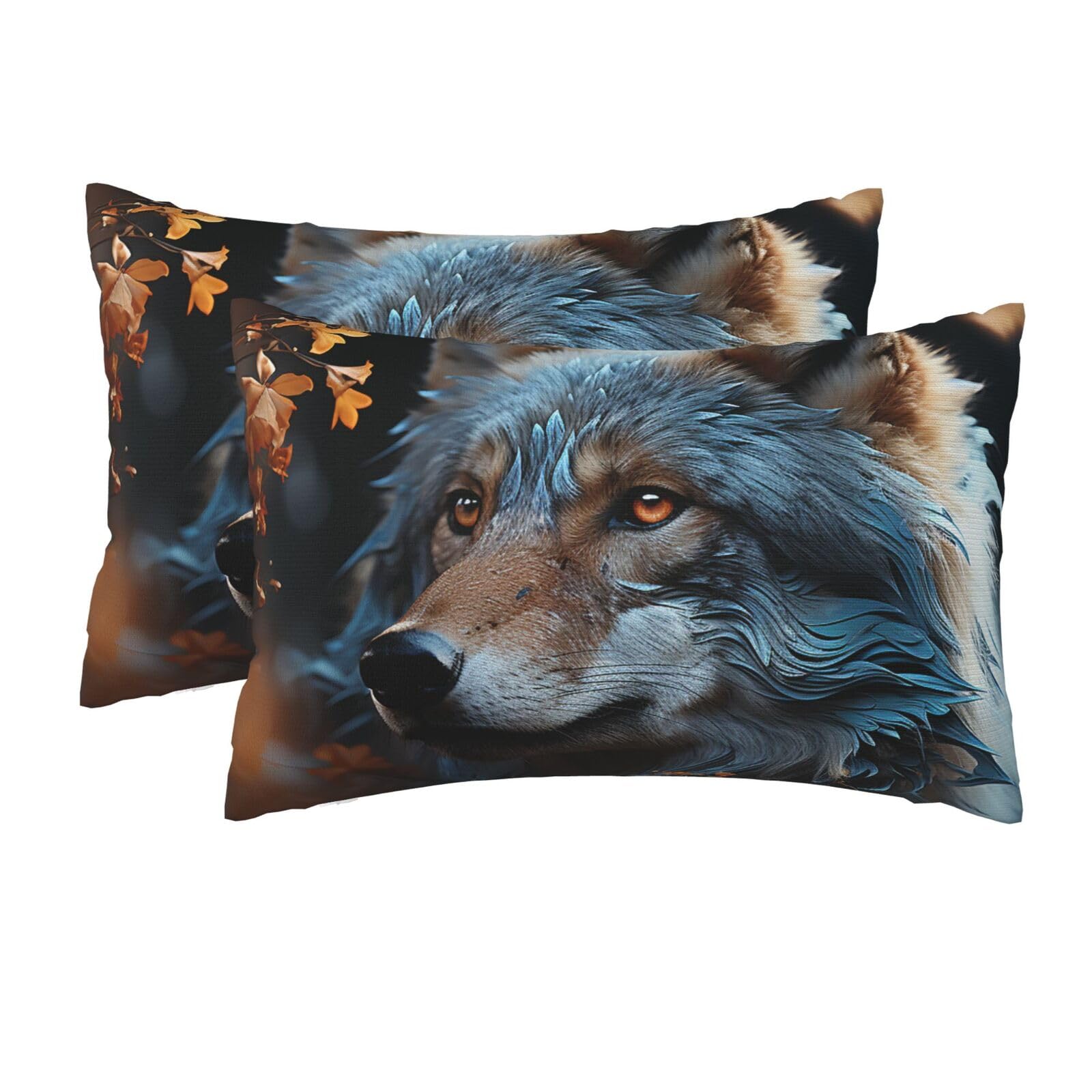 2 Pack Queen Size Pillow Cases for Hair and Skin Soft Breathable Pillow Case Covers with Hidden Zipper Autumn Leaves and a Wolf Pillowcase 20x30 Inches Pillow Cover for Sleeping Gift