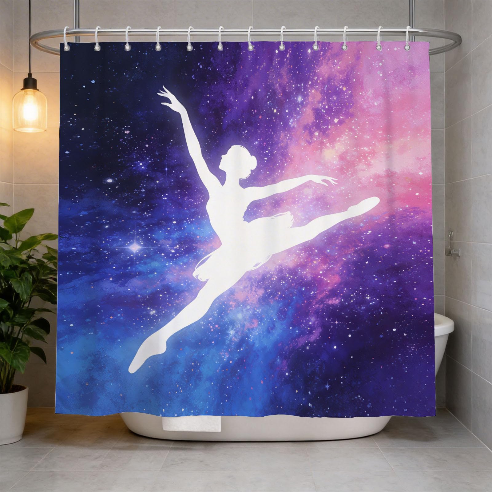 Hongduo White 3D Starry Sky Ballet Dancer Shower Curtain For Stalls Bathtubs Dreamy Dance Bathroom Decor Shower Curtain Set Polyester Fabric Waterproof 180X180cm/71X71 Inch With Hooks