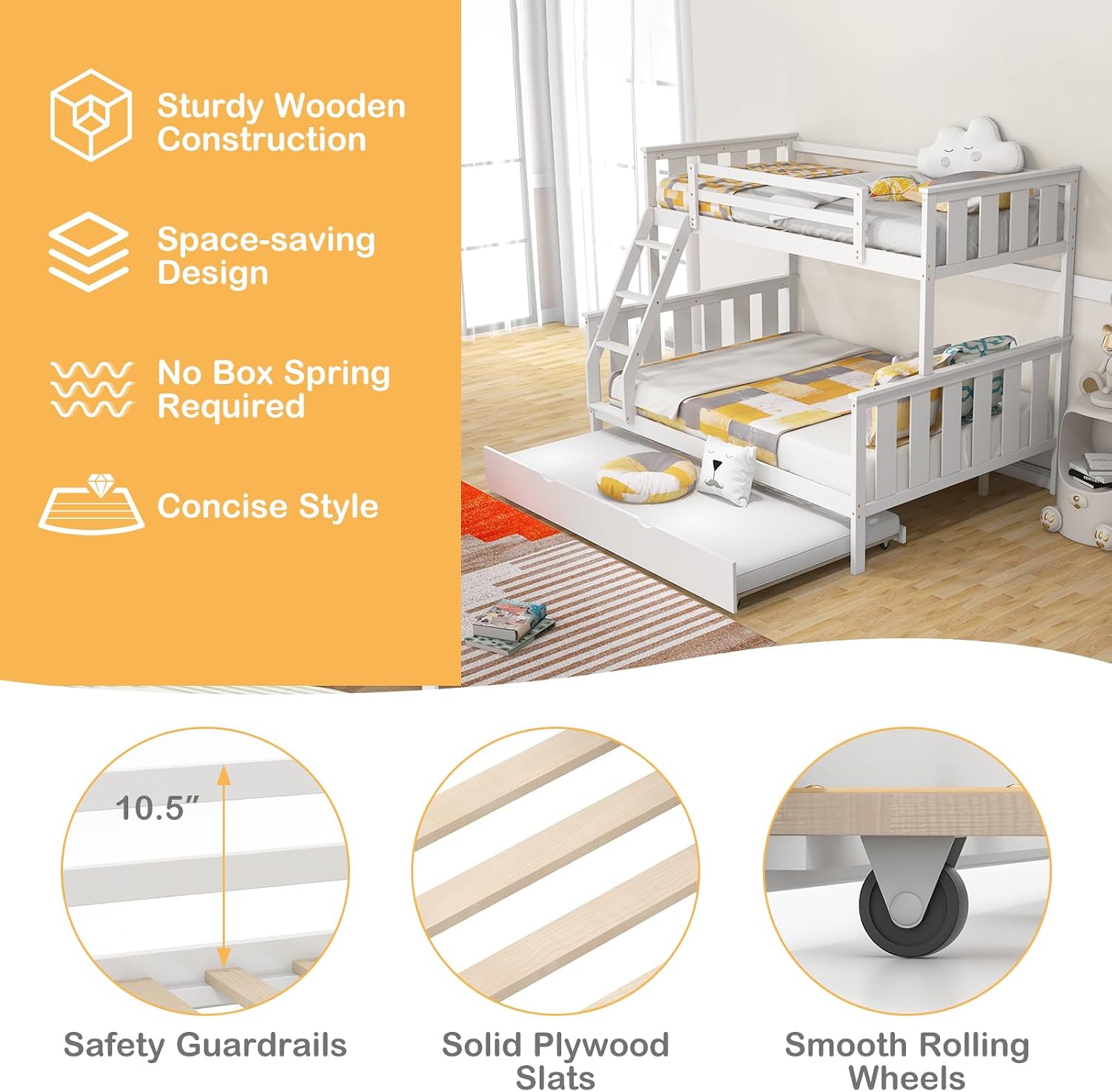 KOMFOTT Twin Over Full Bunk Bed with Trundle, Wood Bunk Bed with Pull-Out Trundle Bed, Solid Wood Frame, Ladder & Safety Guardrails, Convertible to 2 Separated Beds, No Box Spring Needed (White)