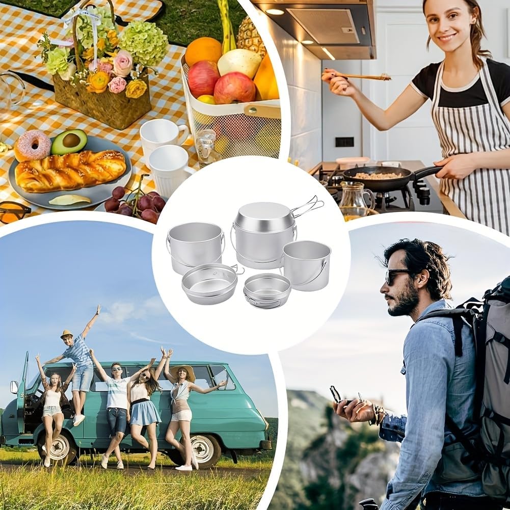 6PCS Hard Anodized Aluminum Camping Cookware Set, Nested Portable Backpacking Cooking Kit with Foldable Handles for Hiking Picnic Outdoor Travel