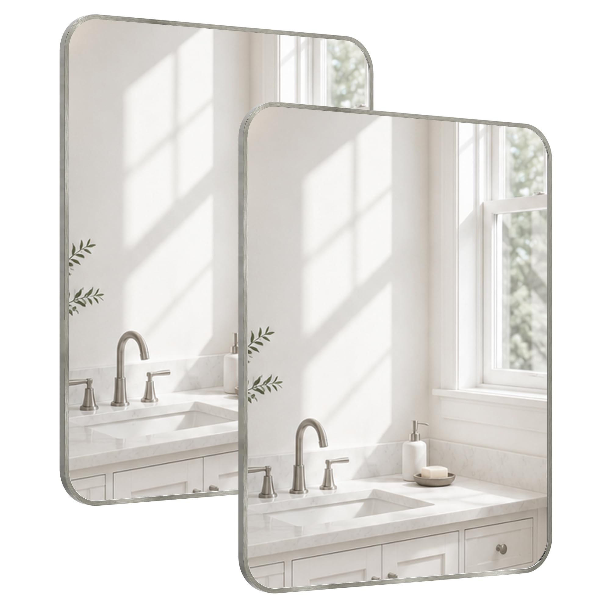 Pocetry 2-Pack 22x30 Inch Brushed Nickel Rounded Rectangle Vanity Mirrors
