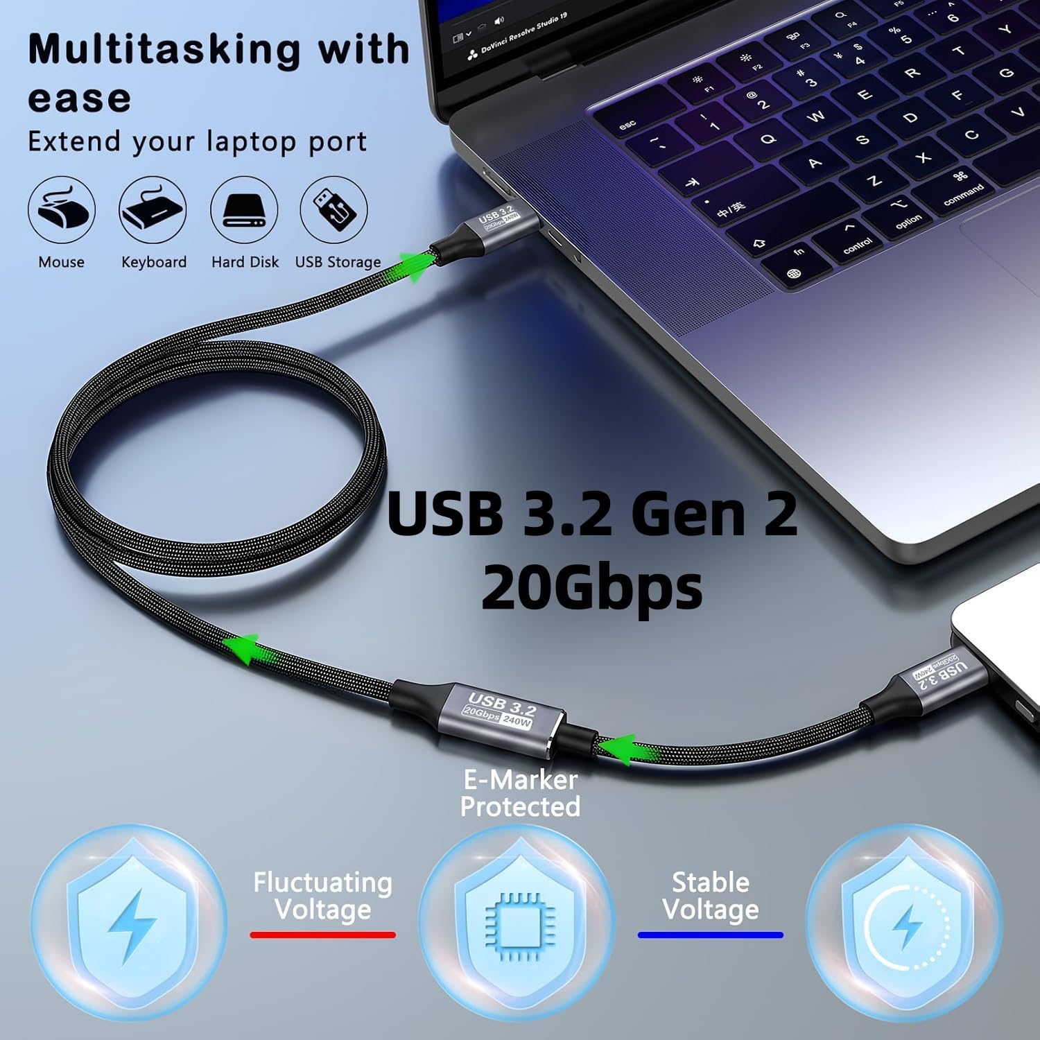 USB-C-Verlängerungskabel (20 Gbit/s/240 W/4 K bei 60 Hz/3,3 Fuß), USB 3.2 Gen 2, USBC-Verlängerungskabel, kompatibel mit iPhone 17, 16, 15, Pixel PSVR2, MacBook, Dockingstation, Monitor