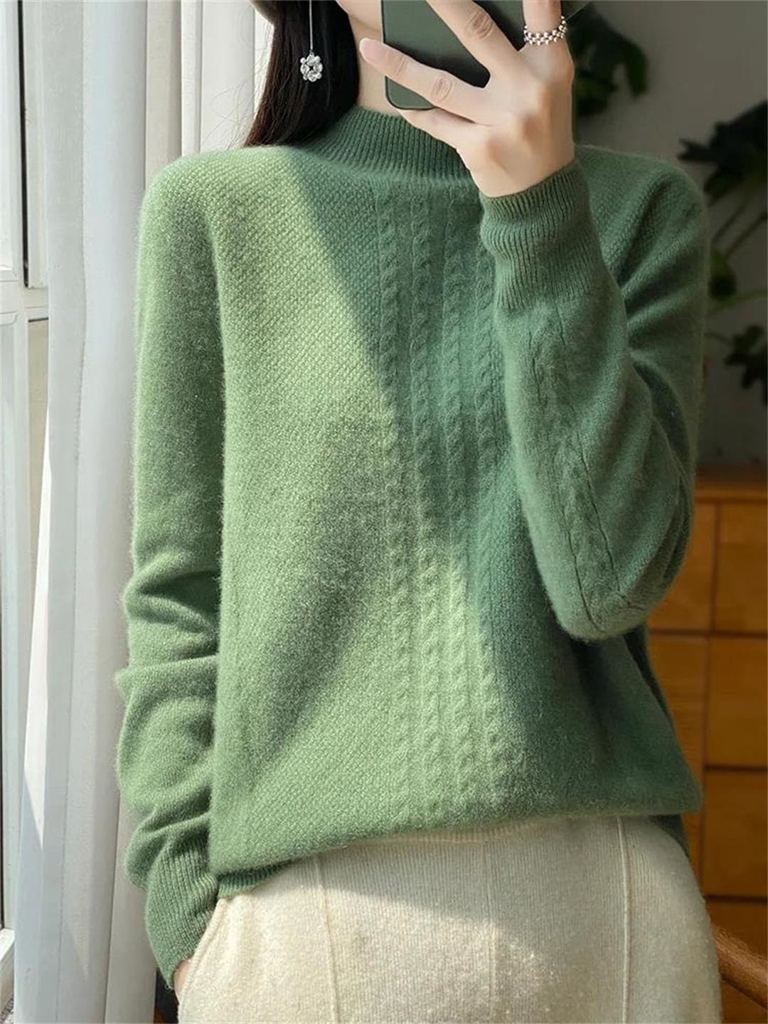 Maglione da donna a collo alto, in lana merino, a maniche lunghe, in cashmere