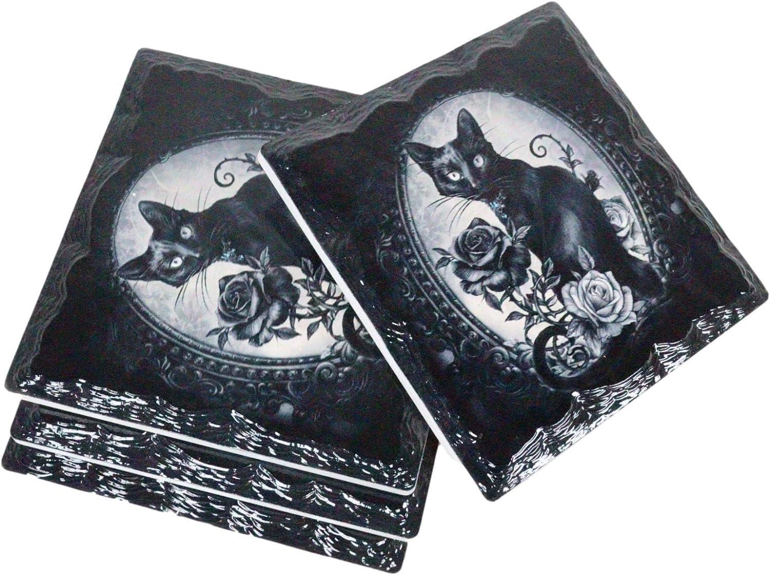 Dessous de verre chat noir en céramique et ardoise | Lot de 4