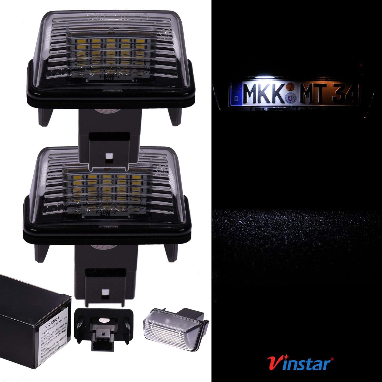 VINSTAR LED Number Plate Light E-Approved CAN-Bus 18 LEDs per Module 6000 Kelvin for Citroen Peugeot (all suitable models in the product description)