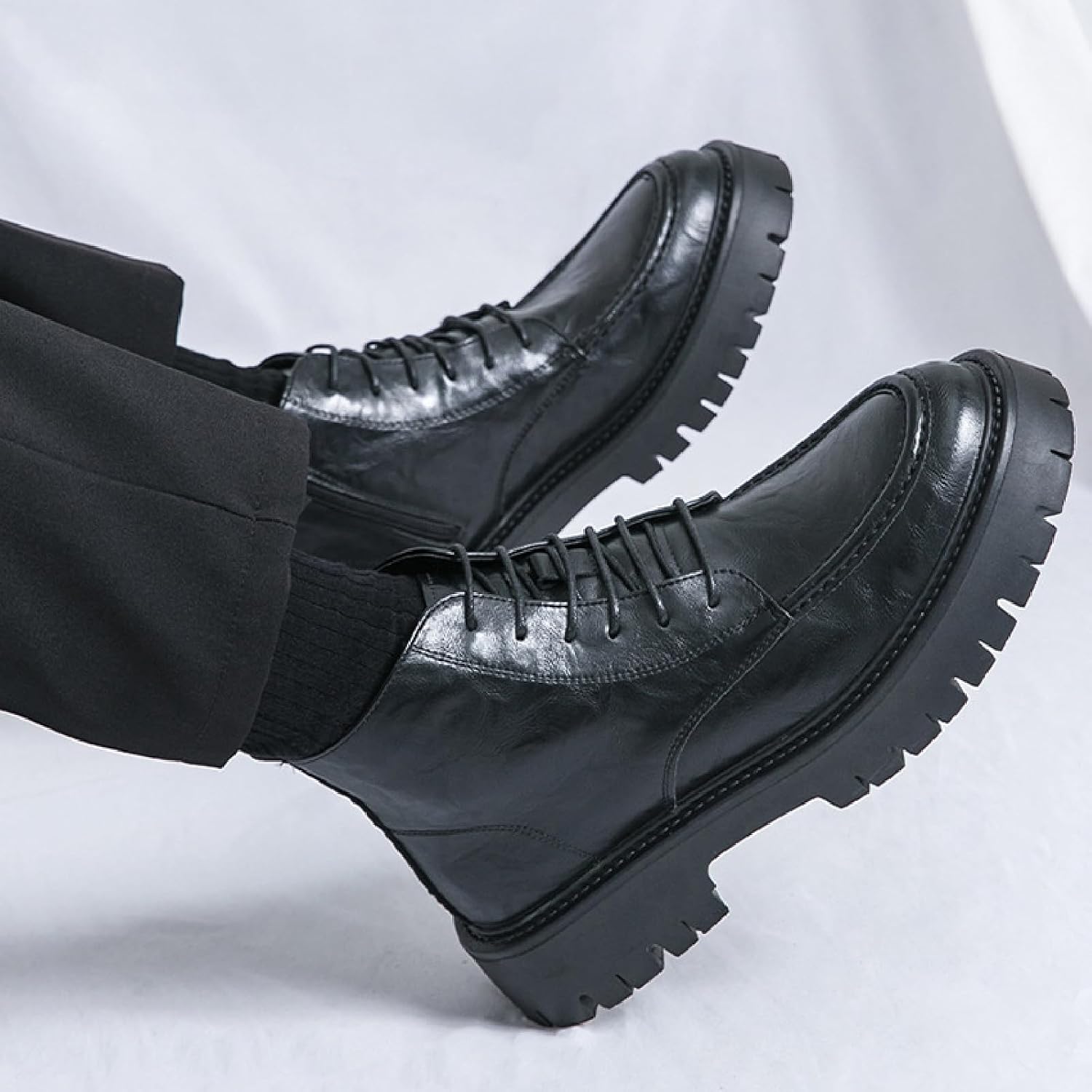 Men's Textured Leather Platform Chunky Low Heel Combat Boots with Side Zipper Vintage Round Toe Lug Sole Non-Slip Lace-Up Motorcycle Boots Work Office Business Casual Oxfords