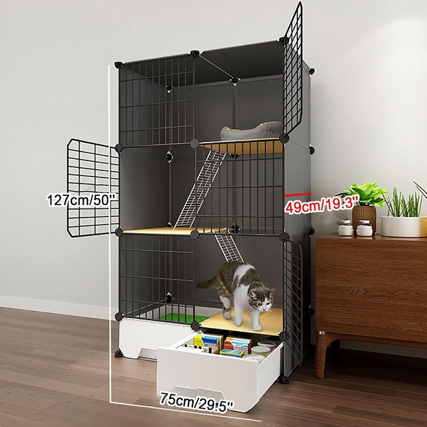 Indoor Cat Cage with Litter Box, Large 2/3 Tier Detachable Metal Cat Playpen for Small Animals, DIY Exercise Cage for 1-3 Cats, White(Black,75x49x127cm)