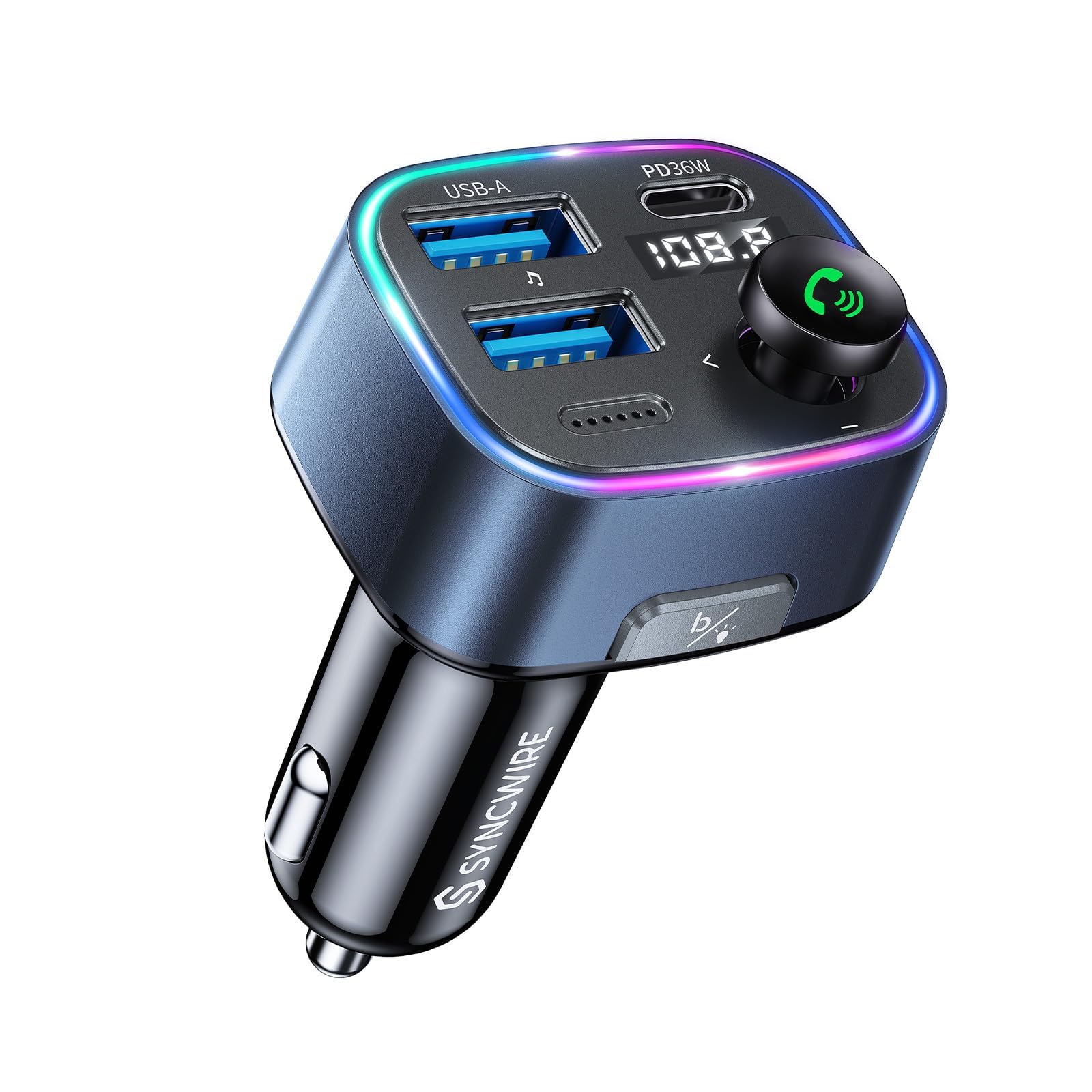 Syncwire Bluetooth 5.4 FM Transmitter Car Adapter 48W(PD 36W & 12W) [Light Switch] [Hi-Fi Deep Bass] [Fast Charging] Wireless Radio Music Adapter LED Display Hands-Free Calling Support USB Drive