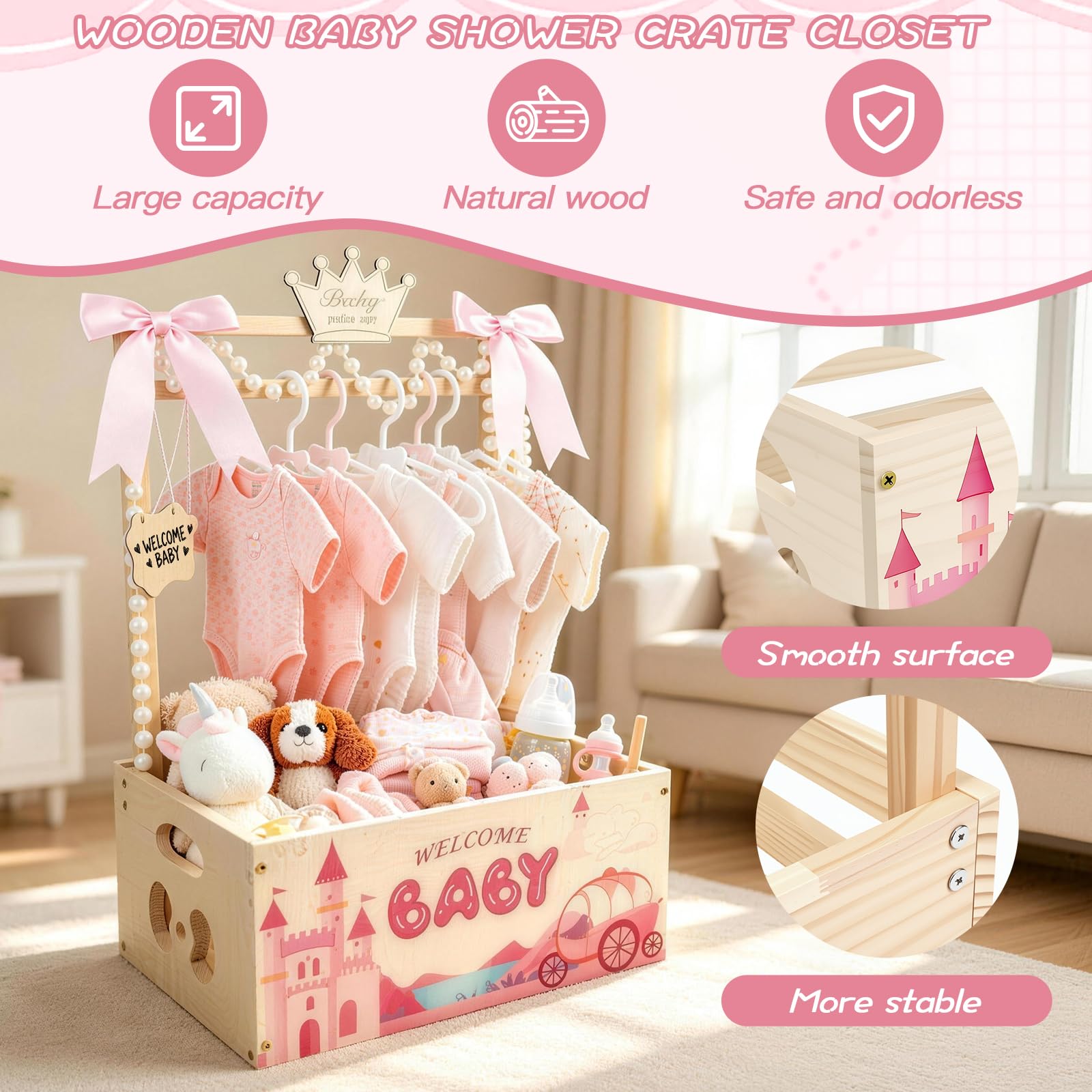 Armario de madera para baby shower, armario de madera para baby shower con asa y decoración, cesta personalizada para baby shower, cesta de baby shower de fácil montaje para fiesta de bienvenida de