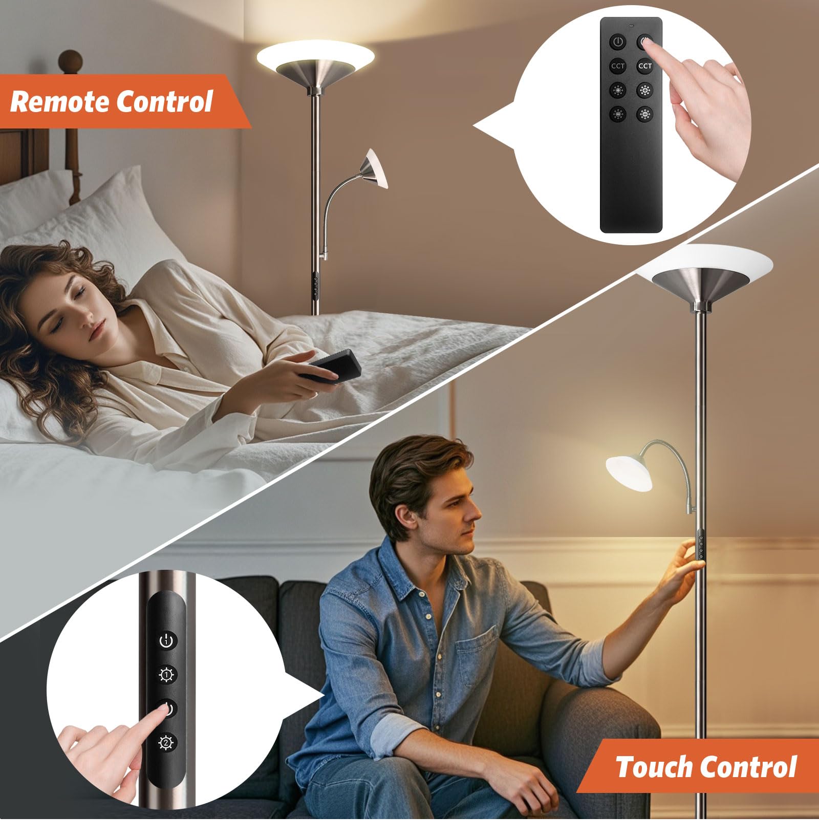 BBHome Stehlampe Wohnzimmer LED, 27W Deckenfluter LED Dimmbar mit 6W leselampe, 3000K-6500K Moderne Dimmbar Stehlampe mit Fernbedienung & Berührung für Wohnzimmer, Schlafzimmer, Büro (silber)