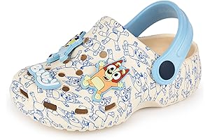Bluey Croc Charms: Tan and Blue All-Over Print Sliders with Adjustable Strap