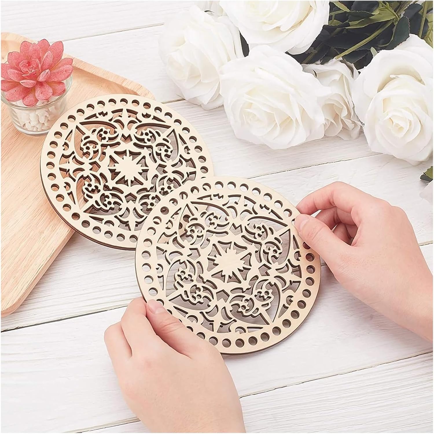Wooden Basket Bottom 2Pcs Wooden Basket Bottoms Hollow Crochet Wood Base DIY Knitting Bag Bottom Shaper Craft Making Weaving for Knitters(Type 1)