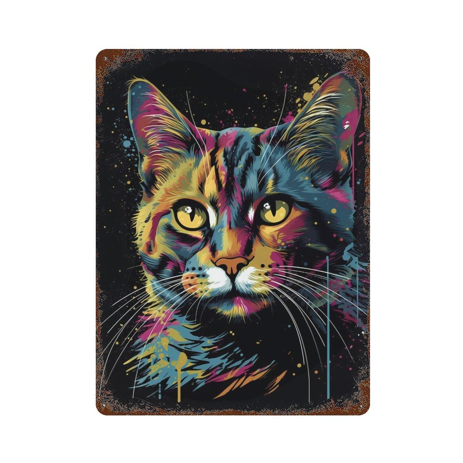 Garage Style Colorful Cat With Drips Rusty Metal Tin Sign 15.7"x11.8", Novelty Wall Decor for Bar And Workshop