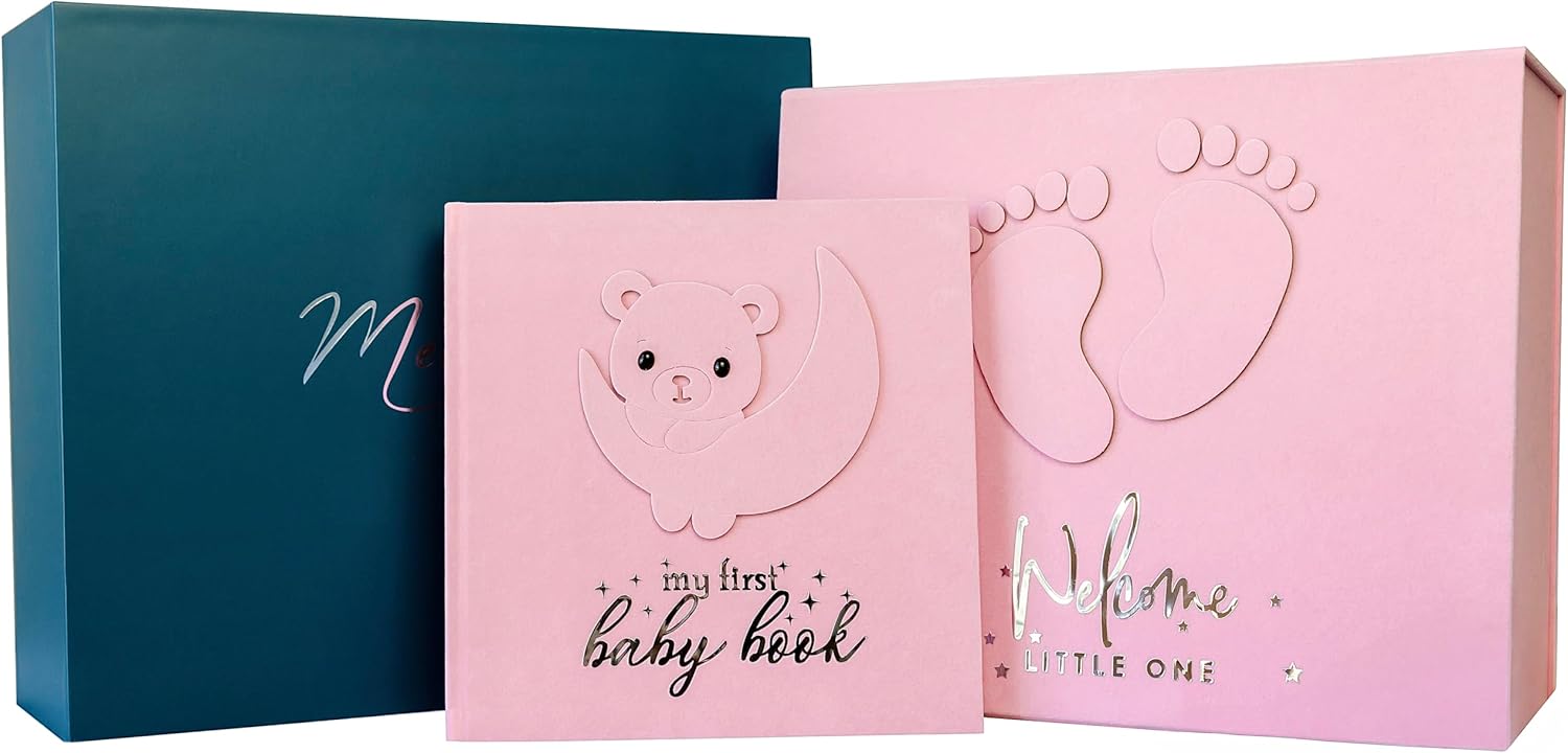 Handmade Baby Memory book, Scrapbook AND Photo Album with Keepsake Box, Hand & Footprint Inc Pad Kit included, Baby's First Year book, Journal, Milestone for Newborn (Teddy Bear Girl, Pink)