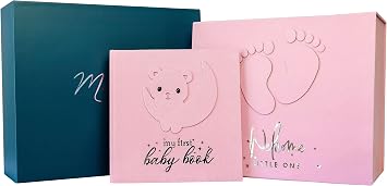 Handmade Baby Memory book, Scrapbook AND Photo Album with Keepsake Box, Hand & Footprint Inc Pad Kit included, Babys First Year book, Journal, Milestone for Newborn Teddy Bear Girl, Pink