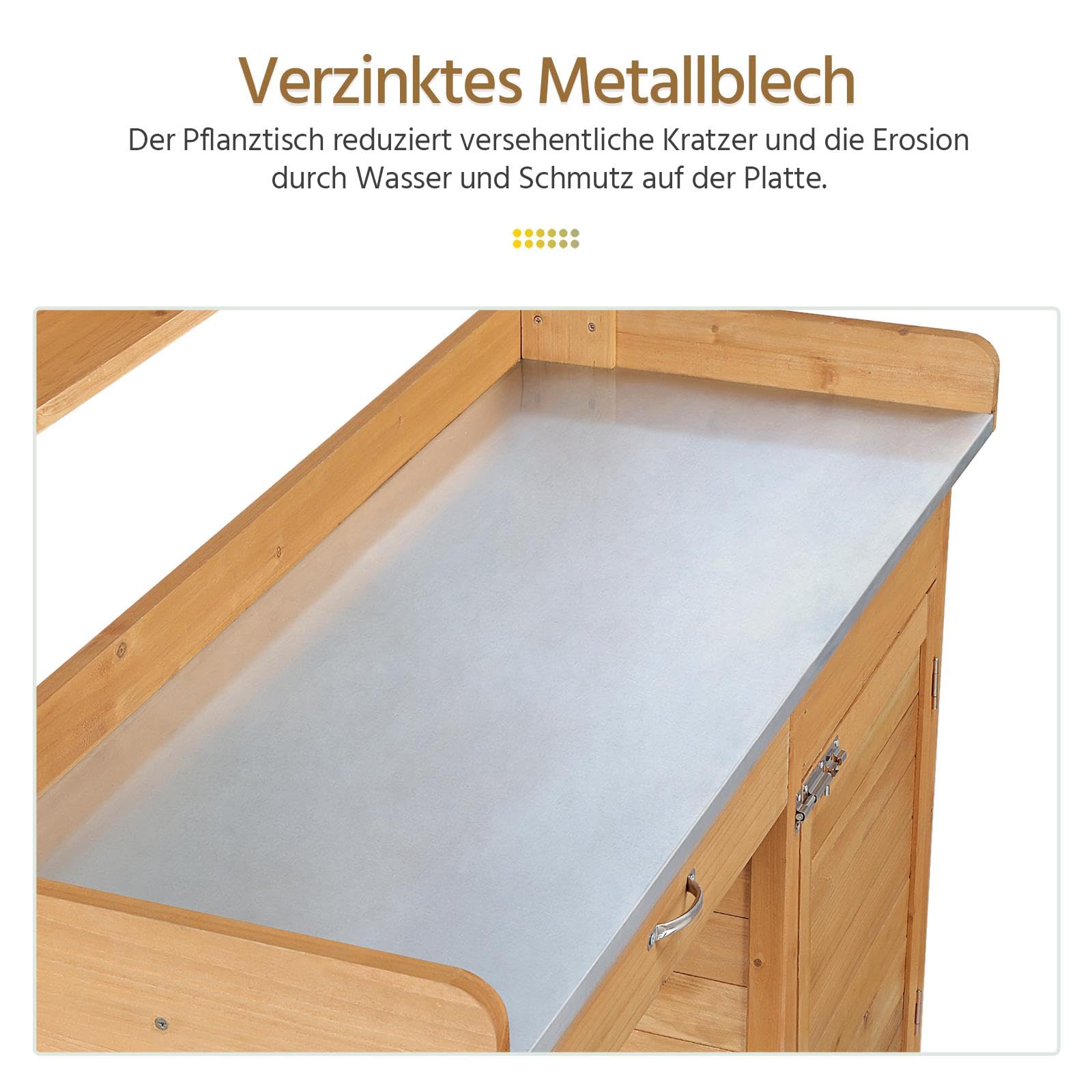 Yaheetech Pflanztisch mit Schubladen & Unterschrank, Blumentisch, Outdoor Gärtnertisch Holzpflanztisch mit verzinkt Arbeitsplatte, Gartenarbeitstisch Wetterfest, 112 x 46,5 x 125 cm, Holzfarbe
