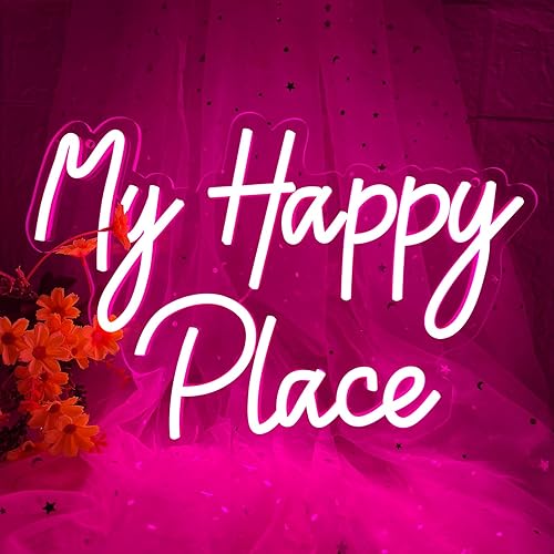 Letrero de neón con texto en inglés My Happy Place, luz de neón LED rosa regulable para decoración de pared, alimentada por USB, luces de neón con