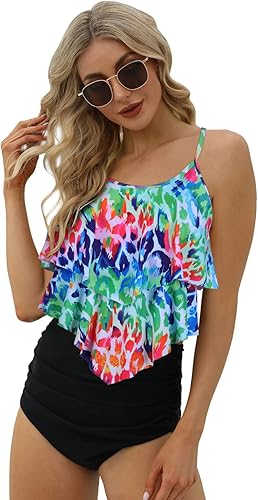 Jodimitty Trajes de baño para mujer, tankini para traje de baño de cintura alta con abertura (puntos multicolor + negro, talla M), Manchas