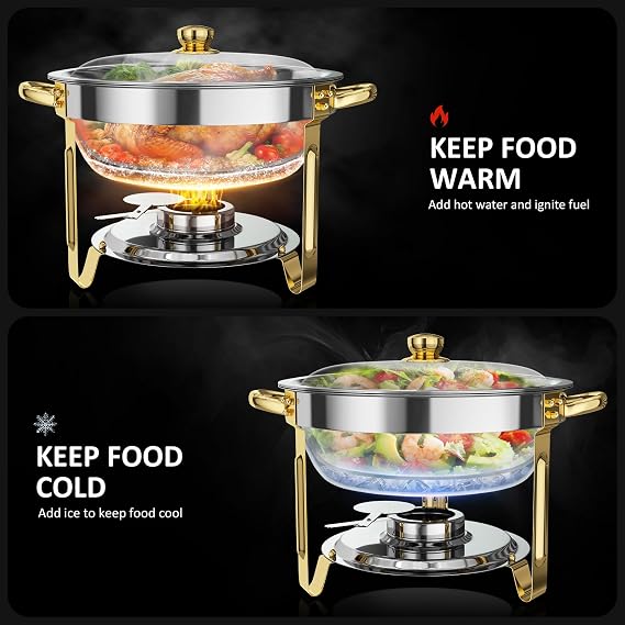 Chafing Dishes for Buffet, 4 Pack 6QT Round Chafing Dish Buffet Set [Elegant Gold and Silver Colors] Stainless Steel Buffet Servers and Warmers for Catering Events Parties Dinners with Complete Set