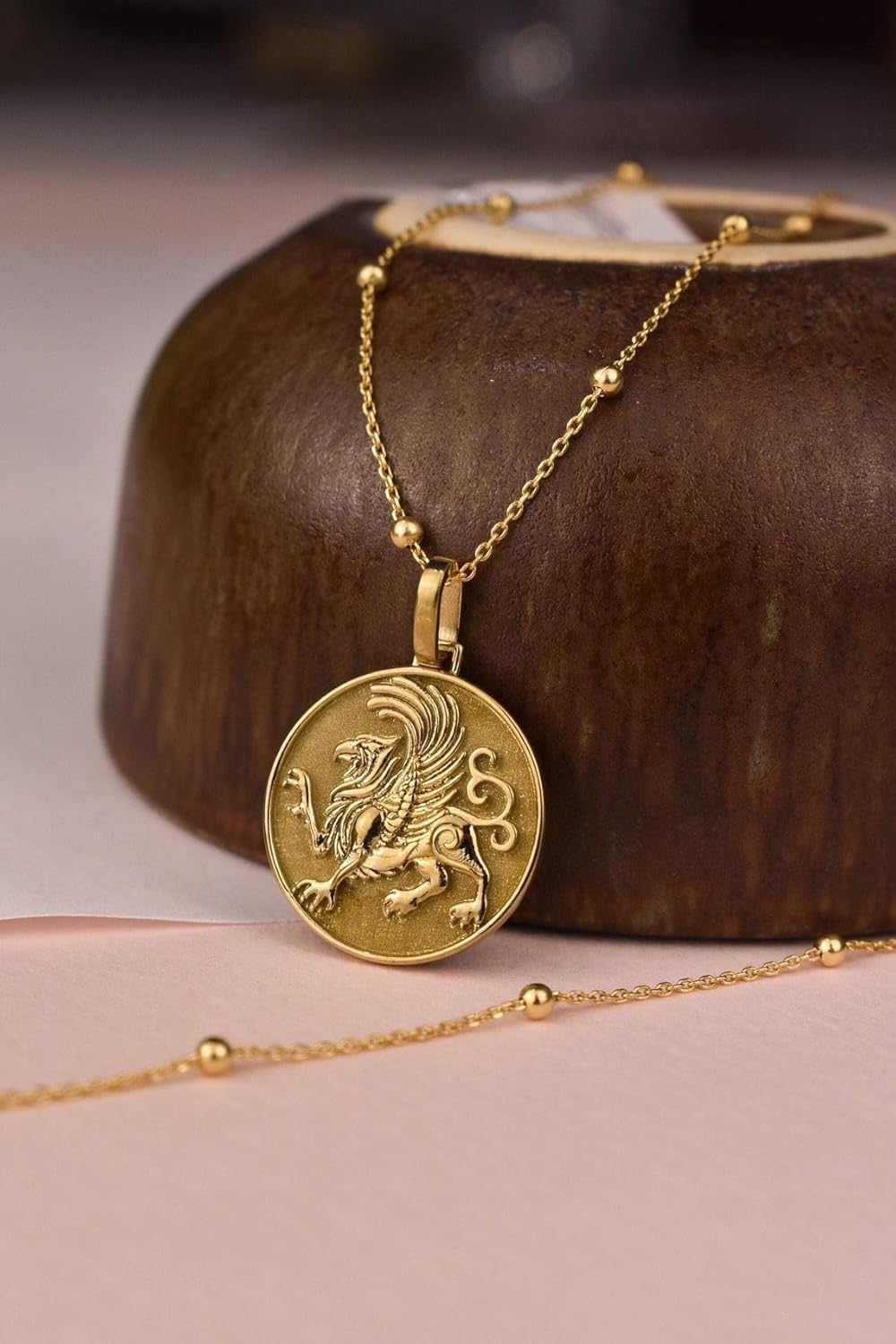 LKBEADS 925 sterling silver Luxury Pendant 24mm, Without Chain, The Griffin, Mythical Creature, Gryphon Bird Jewelry, Lion Eagle Medallion, Layering Coin, gold Plated|LK_OPC_00528