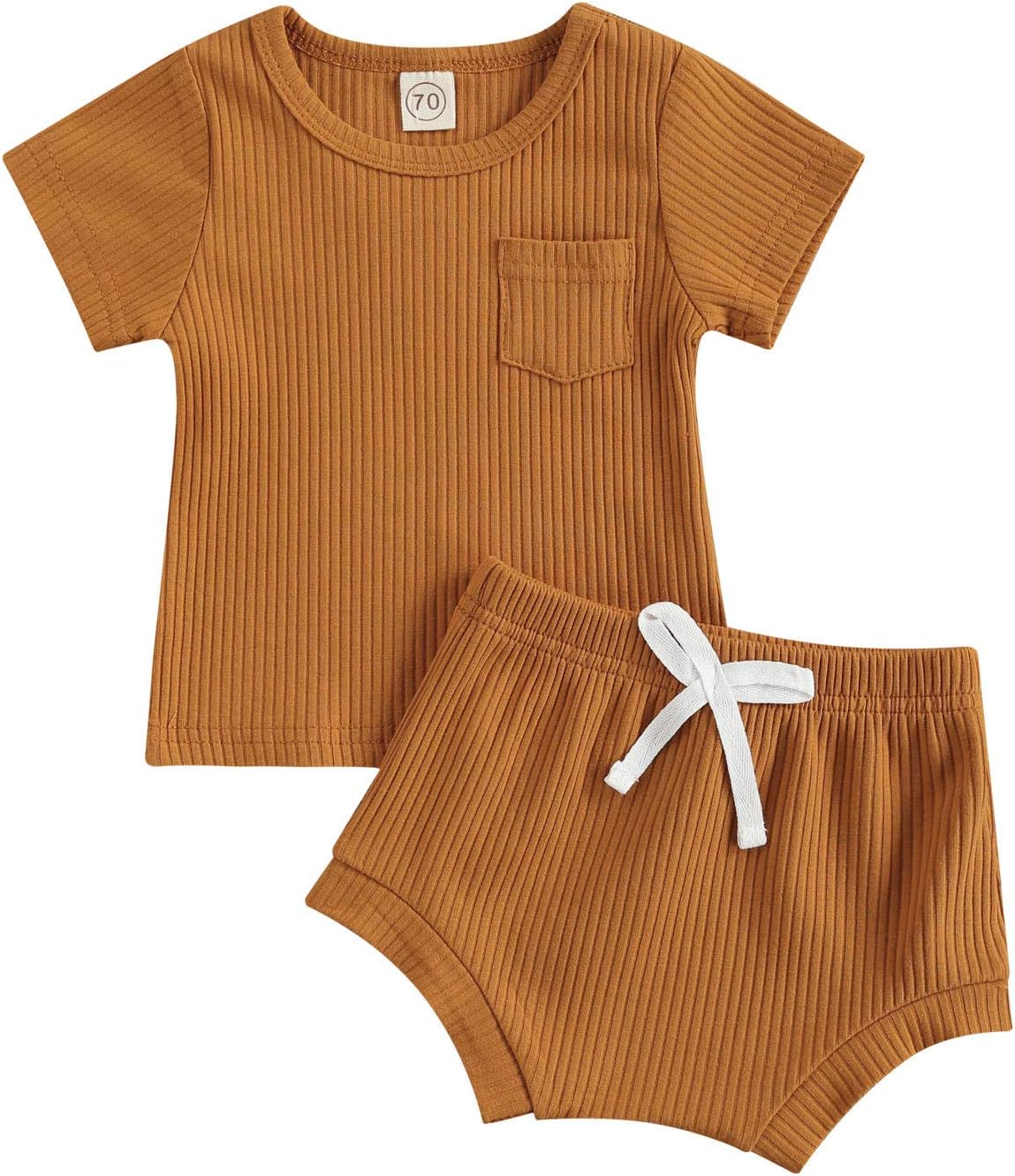 Infant Toddler Baby Boys Girls Ribbed Shorts Outfit Plain Pocket T-Shirt and Shorts Summer Clothes Set